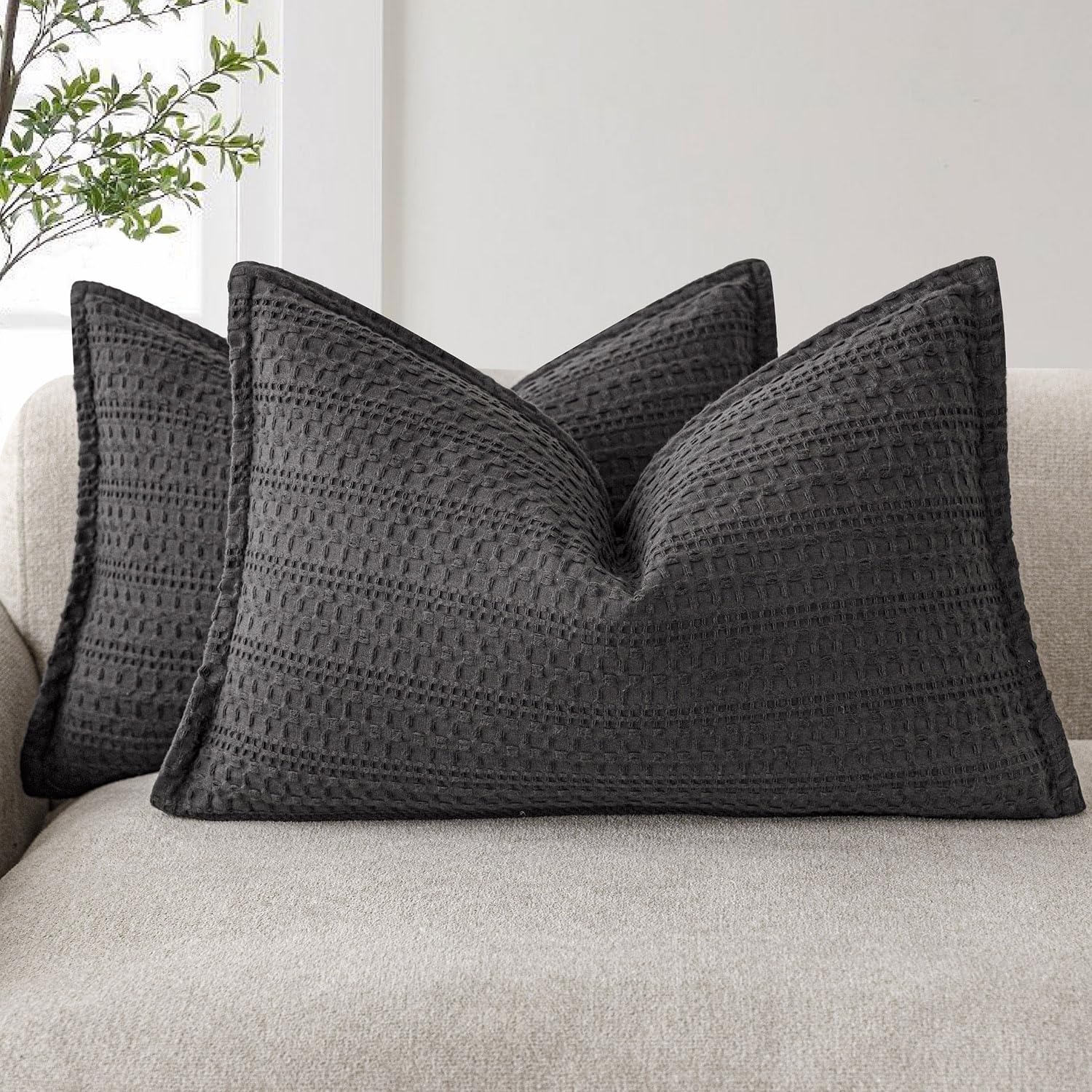 Foindtower Set Of 2 Decorative Cotton Waffle Weave Lumbar Throw Pillow Covers Euro Sham Cushion Covers Accent European Pillowcas