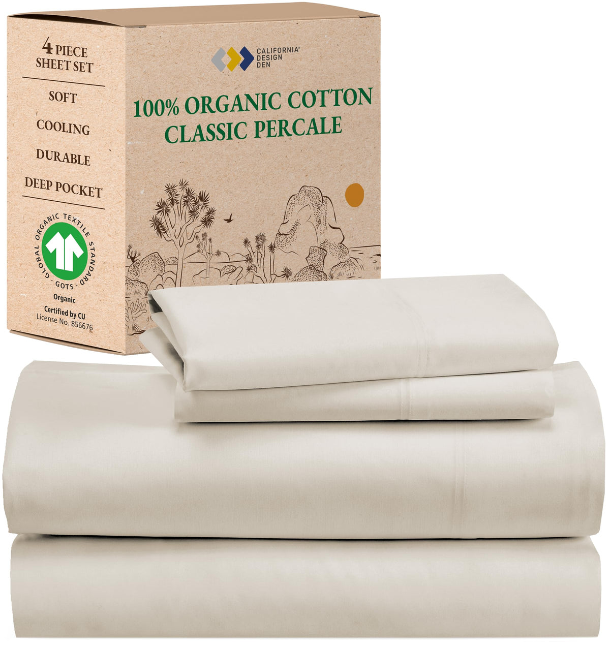 California Design Den Percale 100% Organic Cotton Full Size Sheet Sets, Deep Pocket Gots Certified, Soft, Breathable & Cooling S