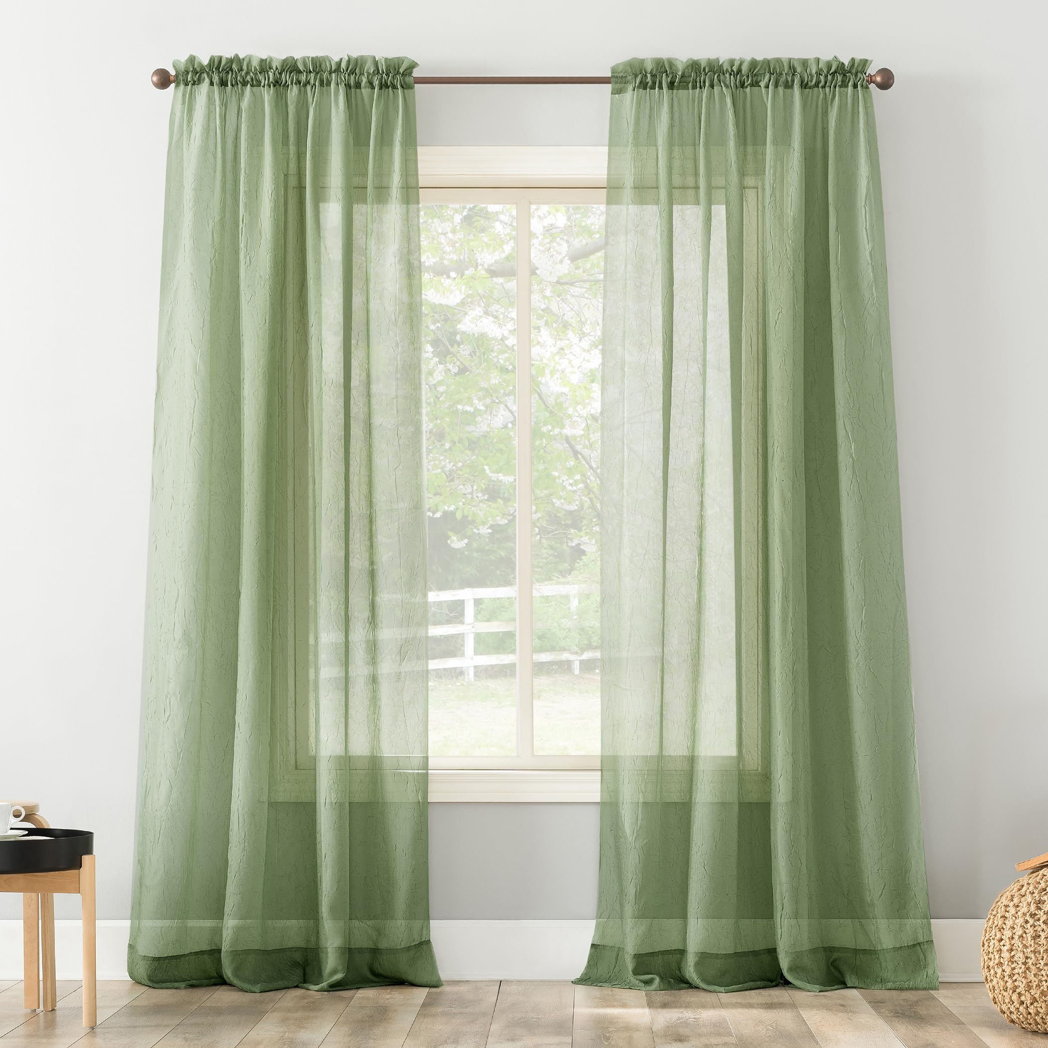 No. 918 Erica Crushed Sheer Voile Rod Pocket Curtain Panel, 51 x 95, Sage Green