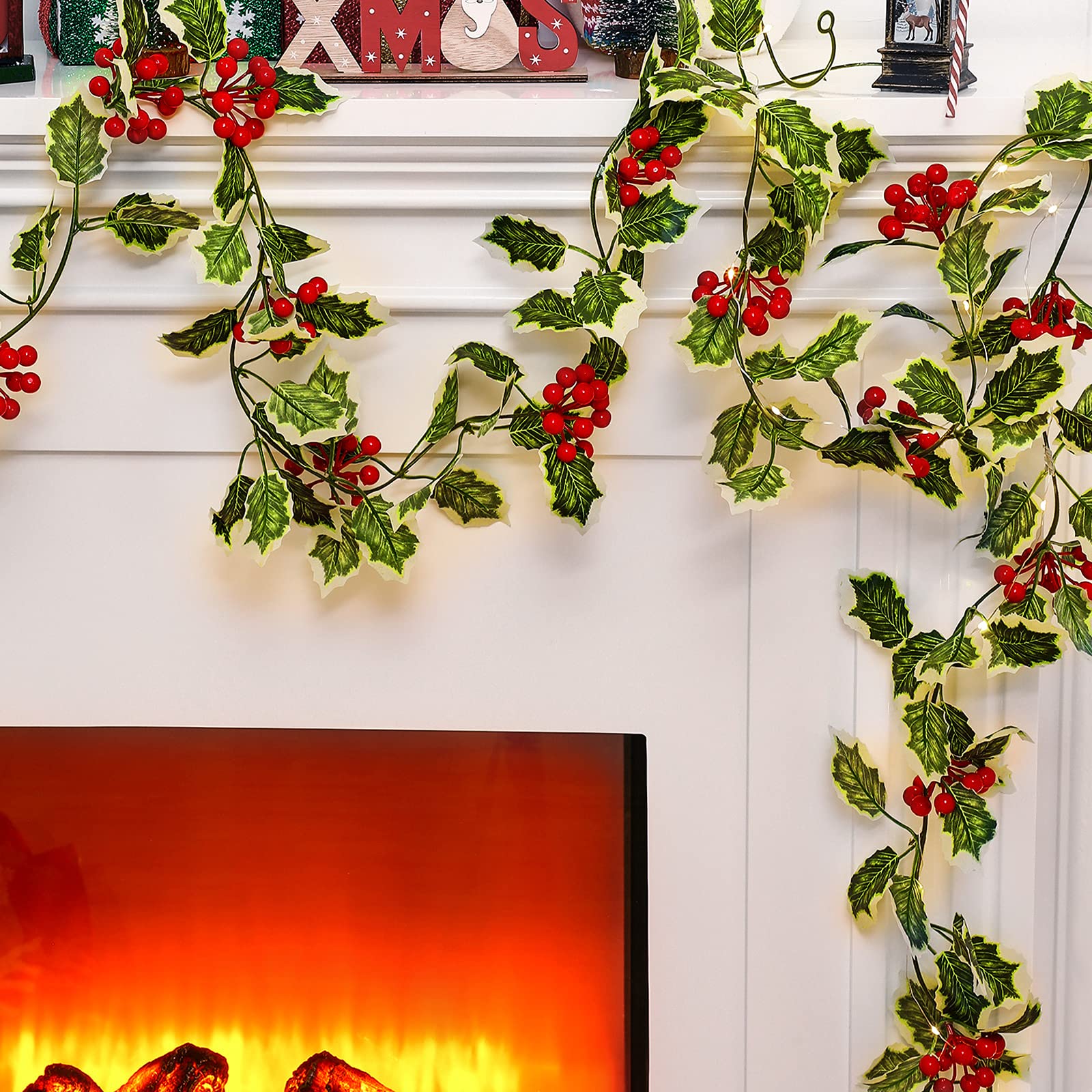 Christmas Decorative Garland Holly Leaves and Red Berries Garland Winter Garland Xmas Decoration Rustic Greenery Hanging Garland