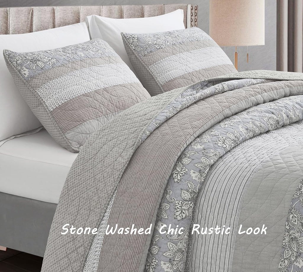Chezmoi Collection Robyn 3-Piece Neutral Taupe Gray White Floral Hibiscus Flower Patchwork Striped Quilt Set - Pre-Washed Cotton