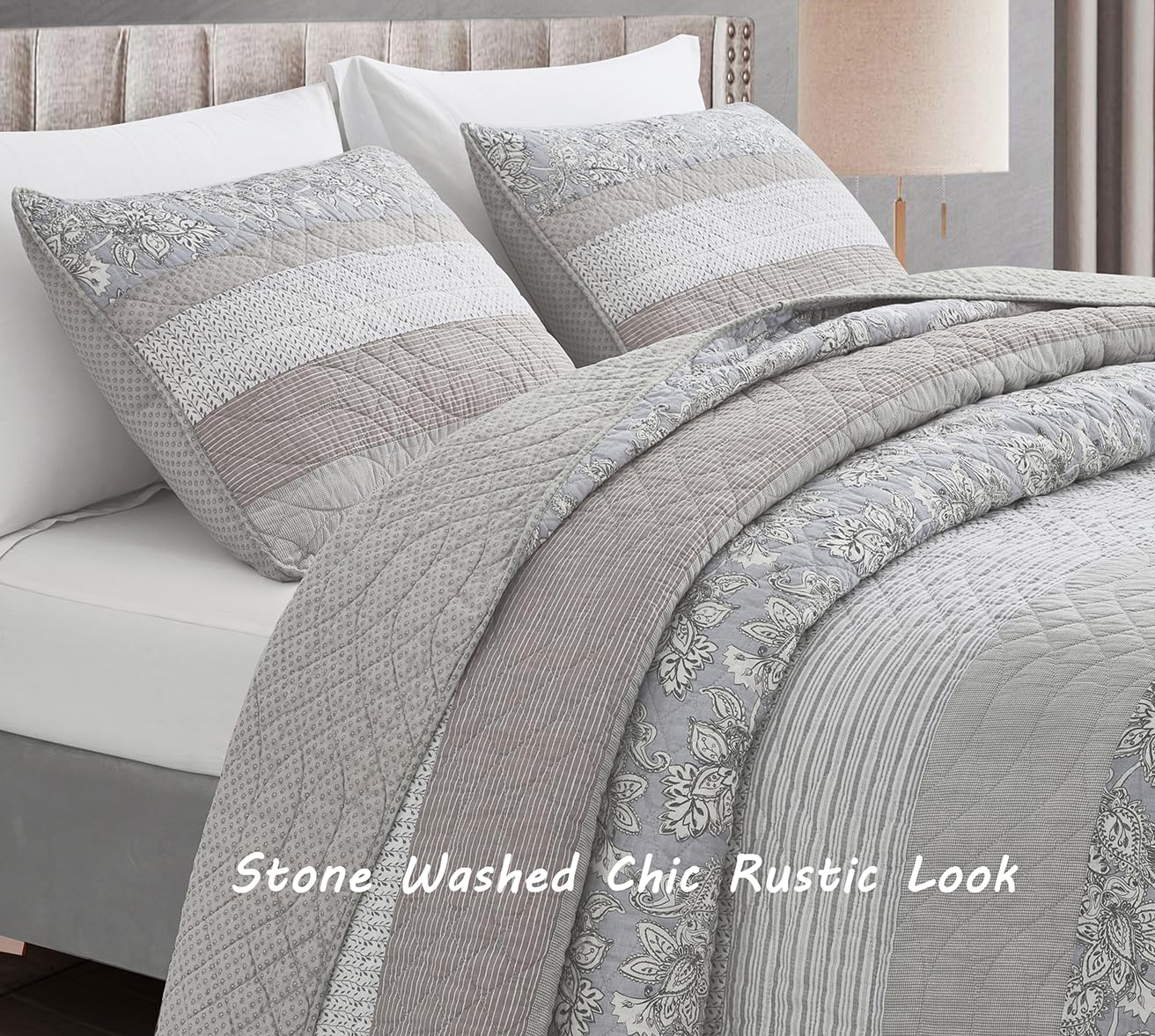 Chezmoi Collection Robyn 3-Piece Neutral Taupe Gray White Floral Hibiscus Flower Patchwork Striped Quilt Set - Pre-Washed Cotton