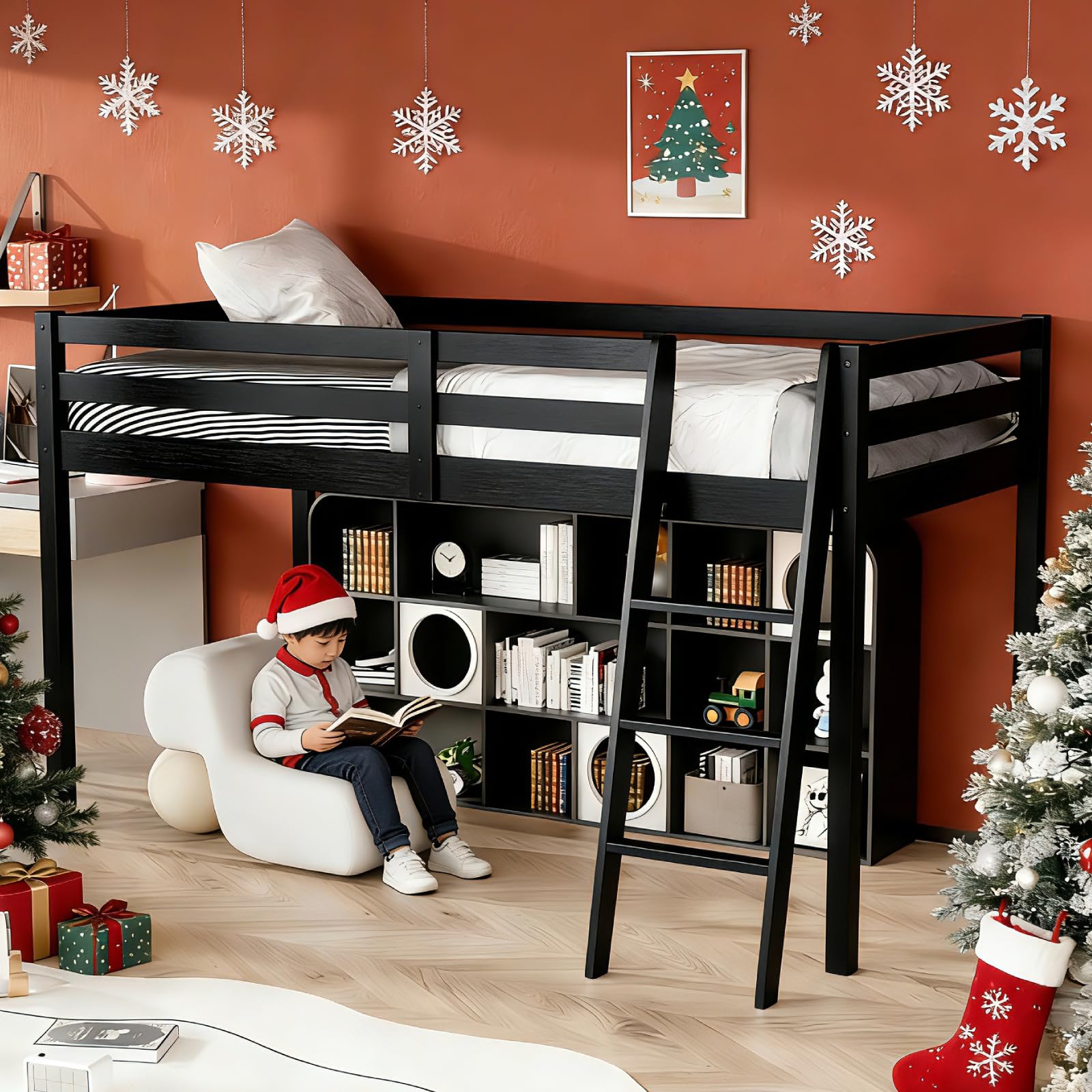 VINGLI Junior Low Loft Bed with Stairs, 47 Inches High Sleeper Bed Full Size for Adults, Kids and Young Teens, No Box Spring Req