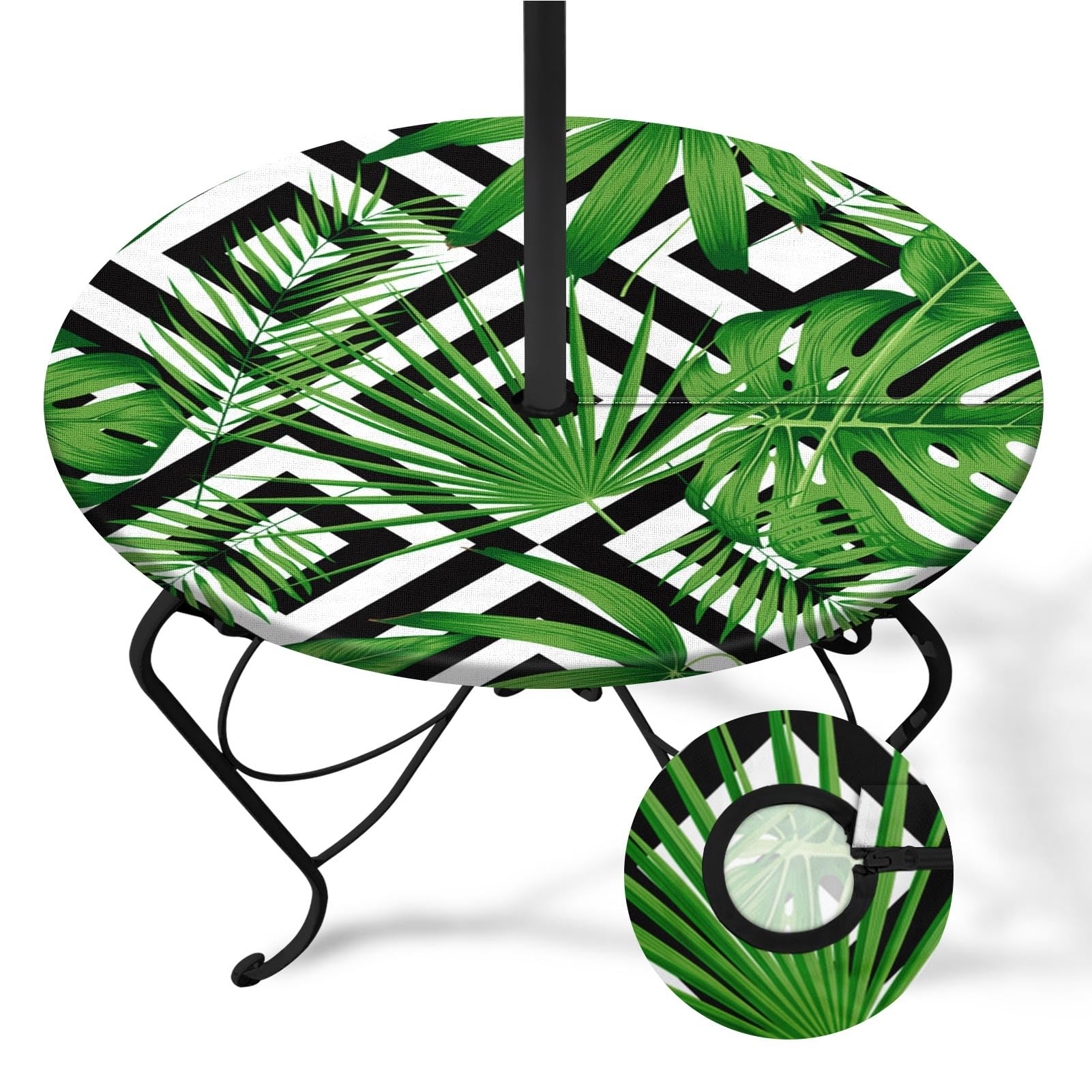 Britown Palm Leaves Round Outdoor Tablecloth with Umbrella Hole, Plaid Fitted Table Cover with Zipper, Outdoor Camping Essential