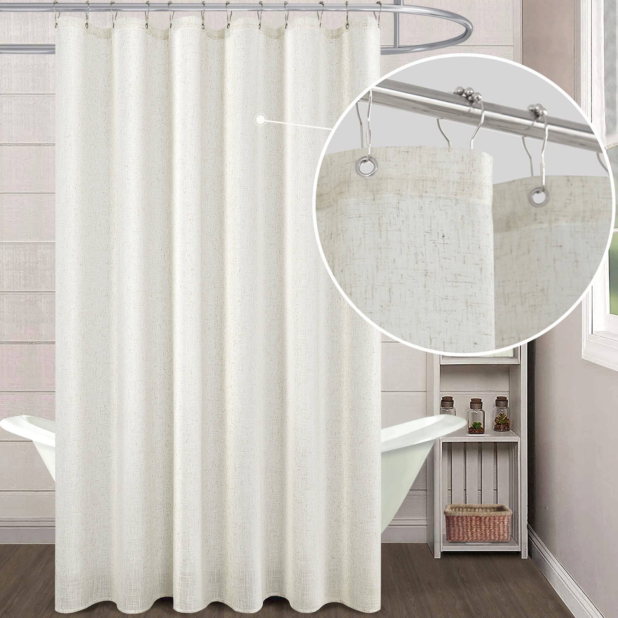 KOUFALL 80 Inch Long Shower Curtain,Natural Linen Waterproof Farmhouse Fabric Shower Curtains for Bathroom with Hooks Set,72 Wid