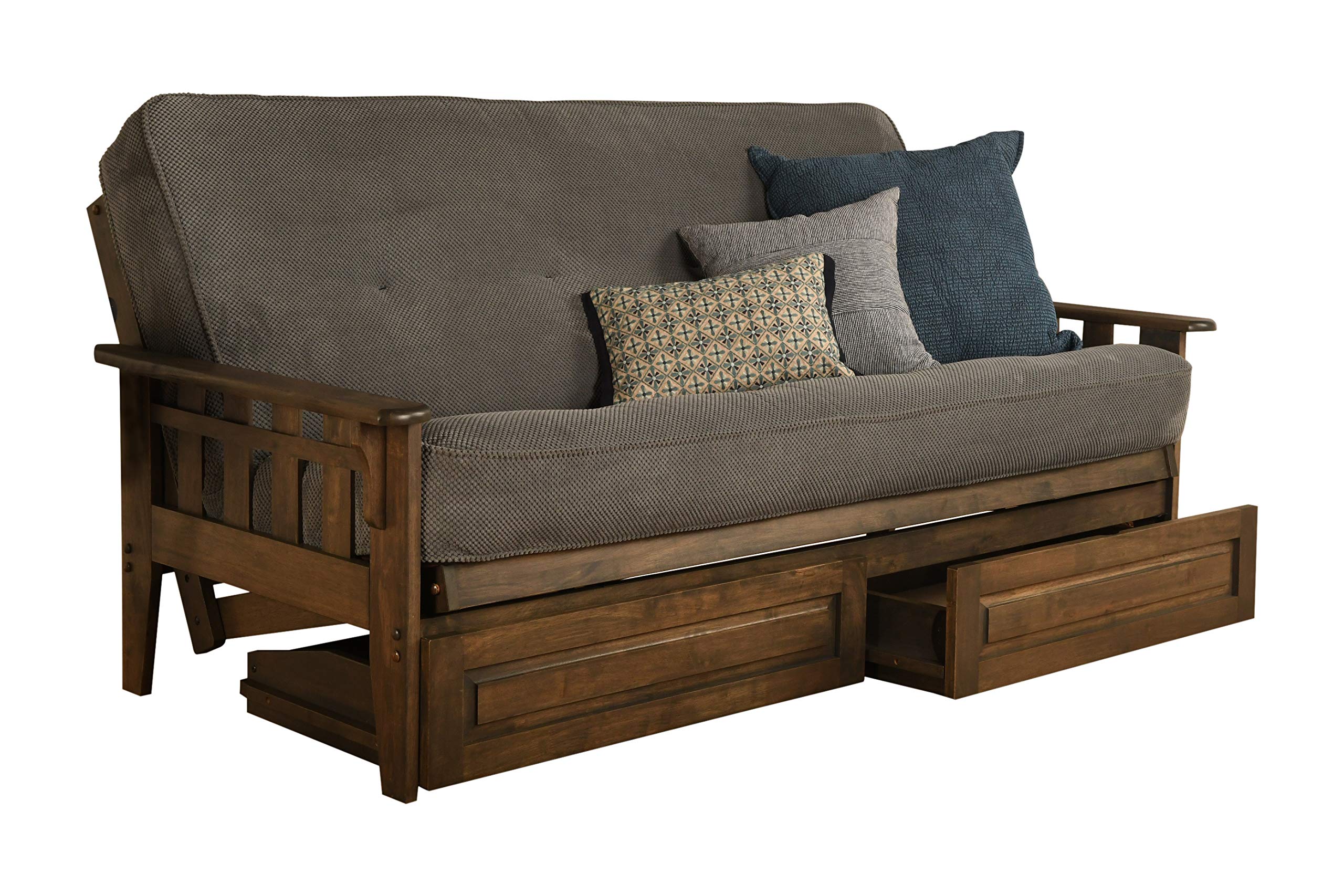 Kodiak Furniture Tucson Full Size Futon Set in Rustic Walnut Finish with Storage Drawers, Marmont Thunder