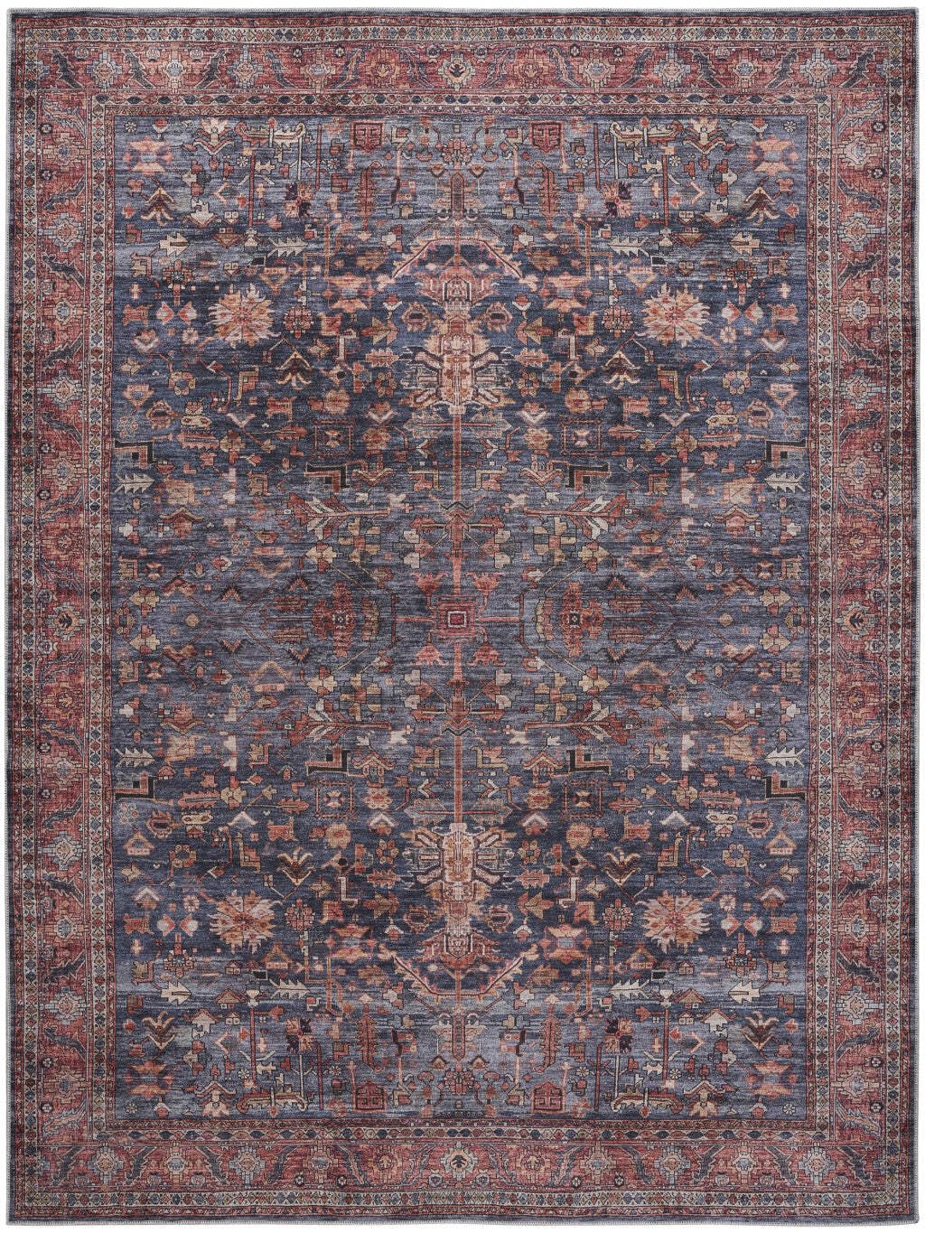 HomeRoots 533298 5 x 7 ft. Blue & Red Oriental Power Loom Distressed Washable Non Skid Rectangle Area Rug