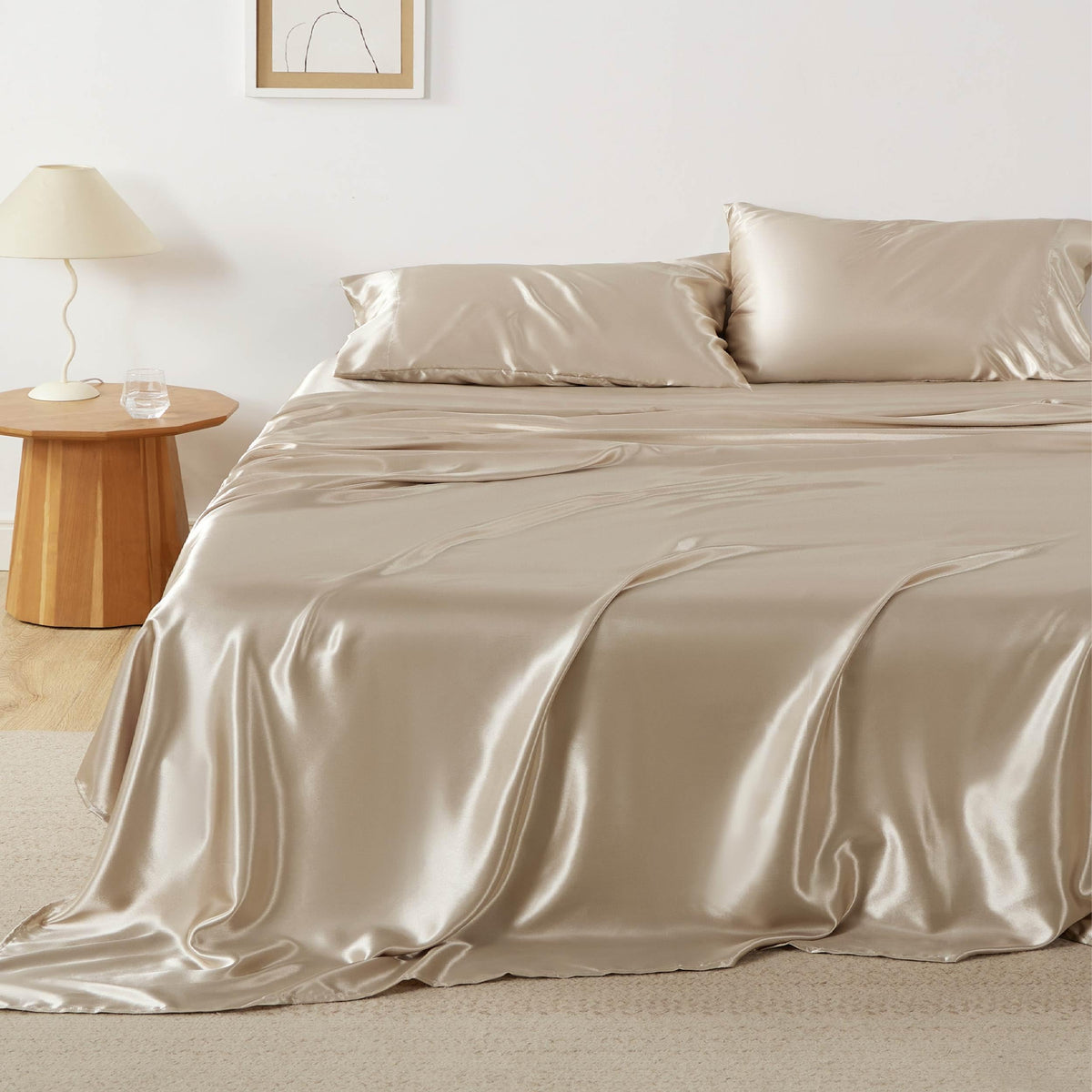 Bedsure Satin Sheets Queen Size - Similar To Silk Sheets, Silky Bedsheet, Luxury & Ultra Soft, Non-Fading & Wrinkle Free, Good For Hair & Skin, Gifts For Women, 4 Pieces, Khaki