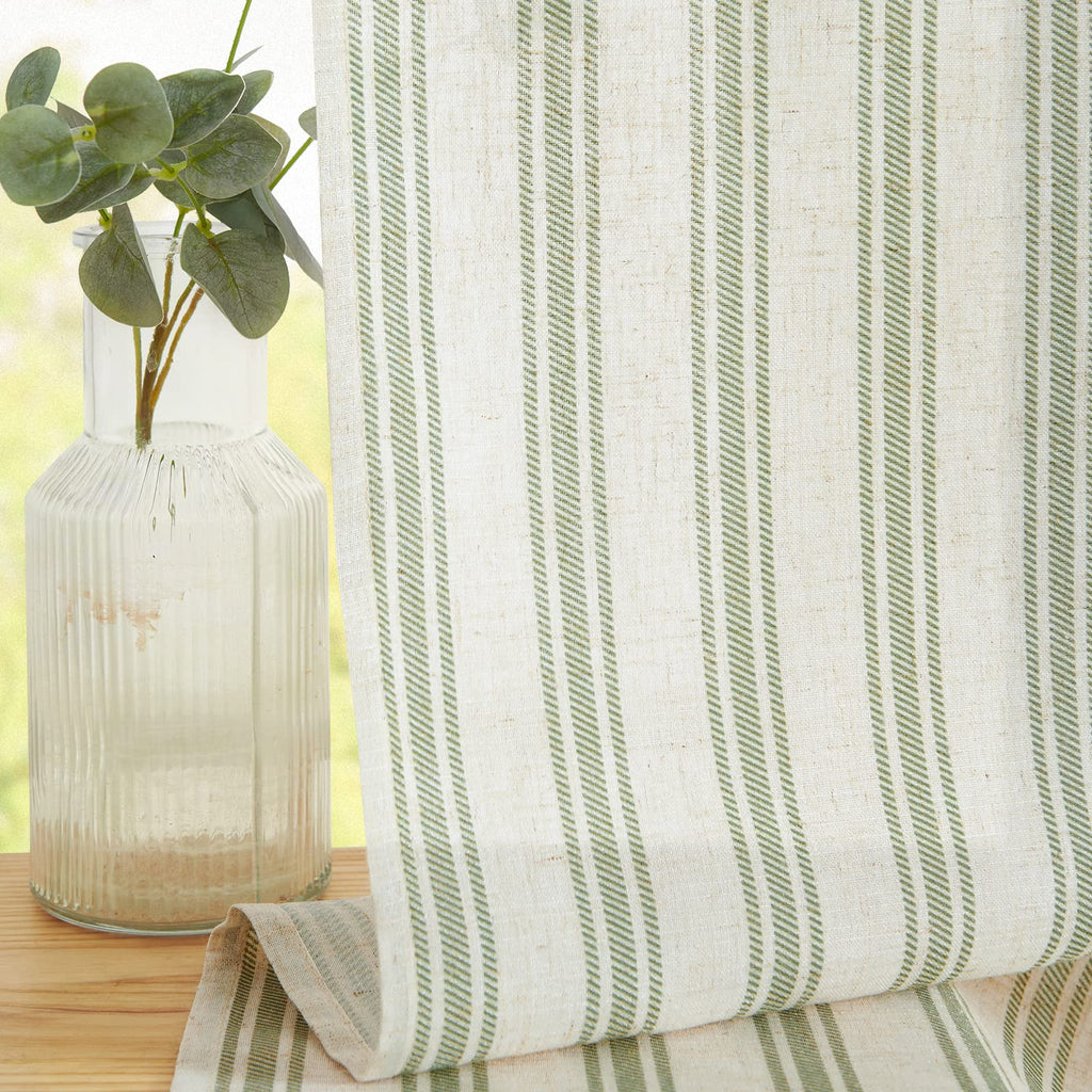 Jinchan Striped Linen Kitchen Curtains 45 Inch Cafe Tier Curtains Balanced Stripe Farmhouse Small Drapes For Bathroom Laundry Over Sink Half Window Light Filtering 2 Panels Sage Green On Beige