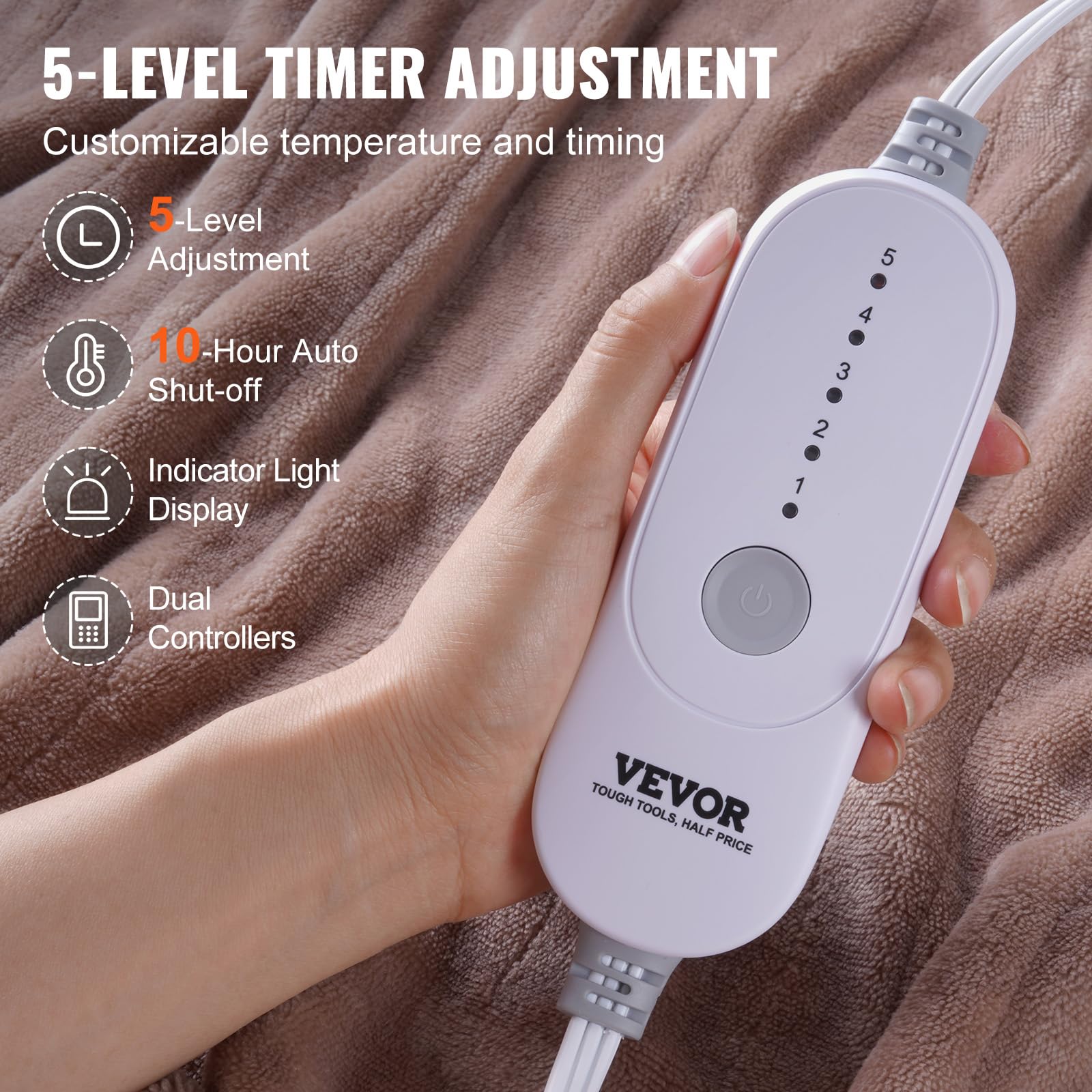 Vevor Heated Blanket Electric Throw, 100'' X 90'' King Size, Soft Flannel Heating Blanket With 10 Hours Timer Auto-Off & 5 Heati