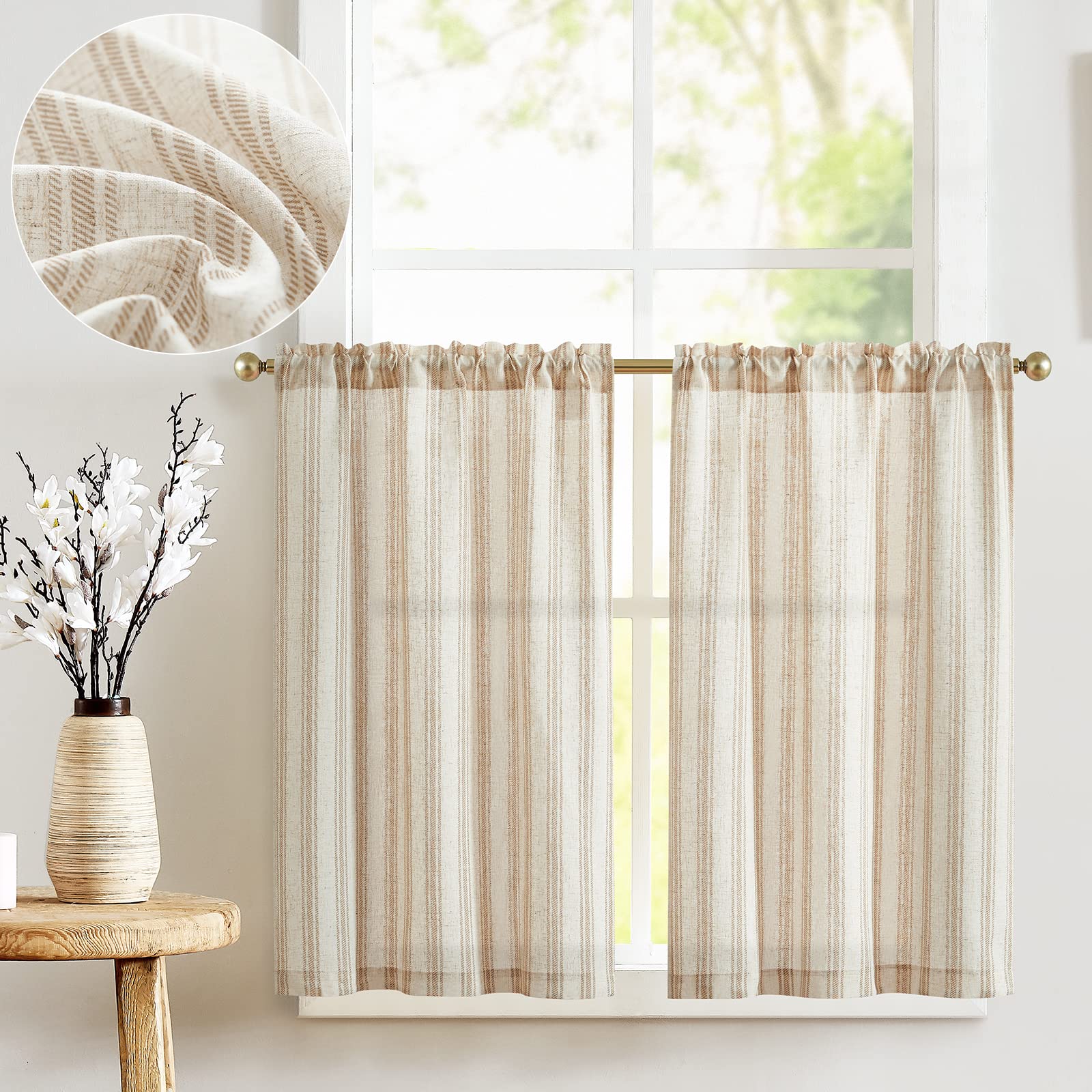 Jinchan Linen Kitchen Curtains Striped Tier Curtains 24 Inch Cafe Curtains Farmhouse Small Curtains Balanced Stripe Half Window Curtains Light Filtering For Bathroom Laundry 2 Panels Taupe On Beige