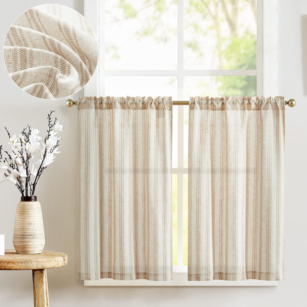 Jinchan Linen Kitchen Curtains Striped Tier Curtains 24 Inch Cafe Curtains Farmhouse Small Curtains Balanced Stripe Half Window Curtains Light Filtering For Bathroom Laundry 2 Panels Taupe On Beige