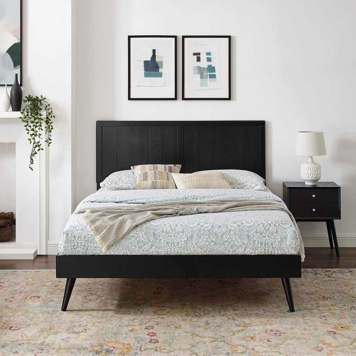 Modway Alana Wood Full Platform Bed In Black With Splayed Legs, Double