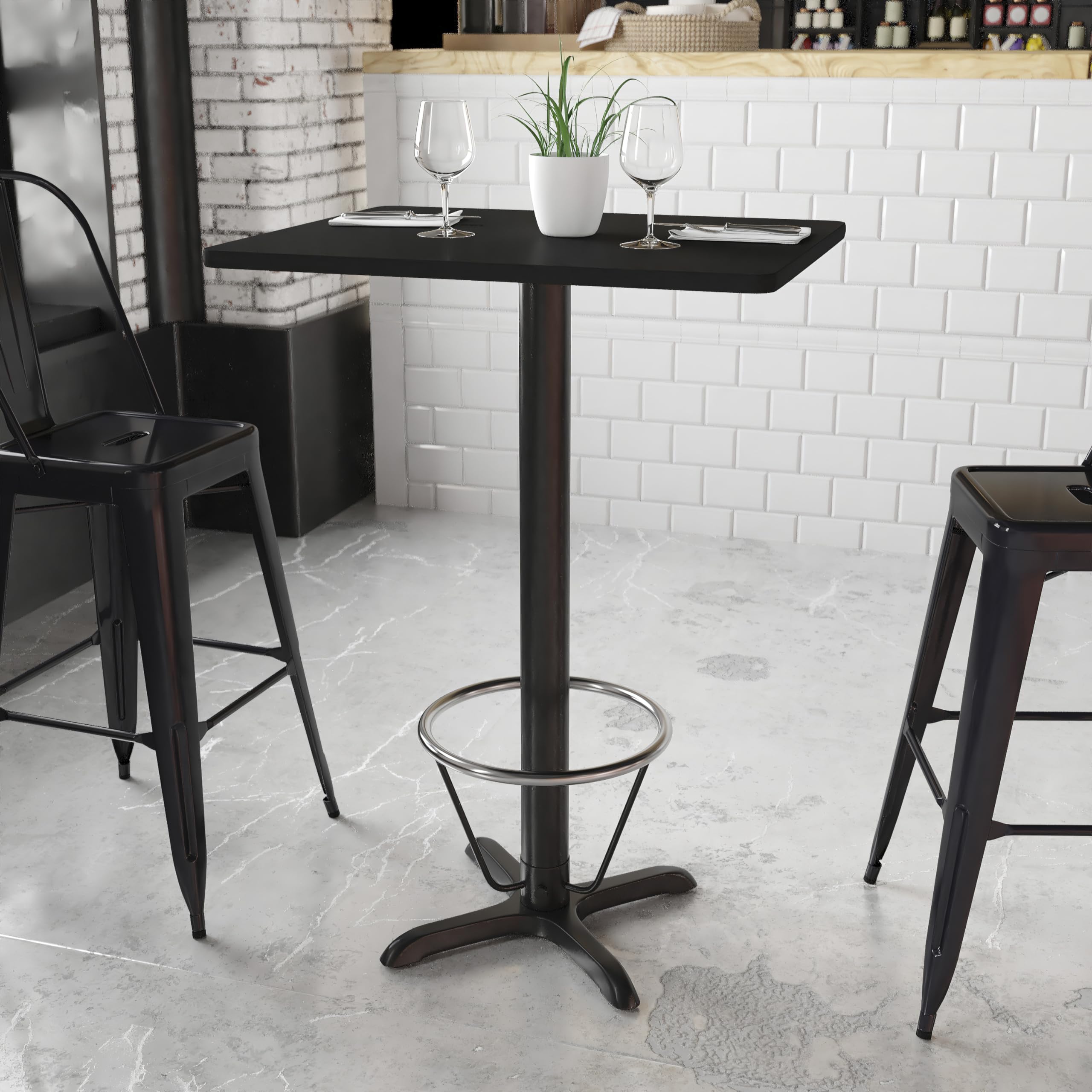 Flash Furniture Stiles 24'' X 30'' Rectangular Black Laminate Table Top With 22'' X 22'' Bar Height Table Base And Foot Ring