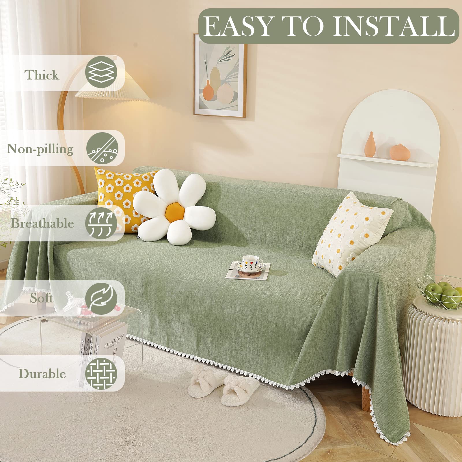 Handontime Couch Cover, Sofa Covers, Sage Couch Cushion Cover Dog Furniture Protector For Living Room Chenille Couch Throw Cover Soft Thick Machine Washable Throw Blankets Sofa Slipcovers, 71' X134'