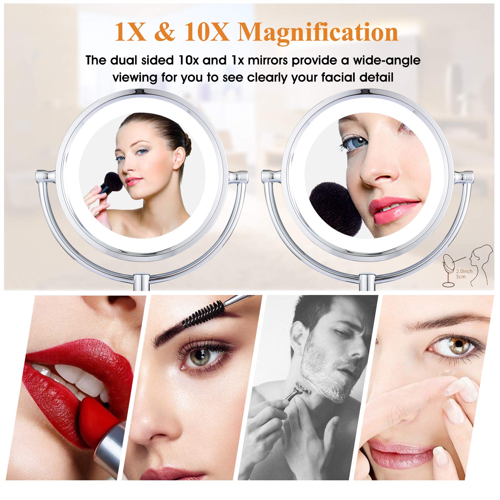 Gurun 8.5 Inch Tabletop Led Lighted Makeup Mirror With 10X Magnification Double Sided Vanity Mirror Plug Power Chrome Finish M22