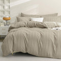 Jellymoni Khaki Duvet Cover Queen Size - 3Pcs Microfiber Boho Striped Tufted Textured Duvet Cover With Corner Ties & Zipper Clos