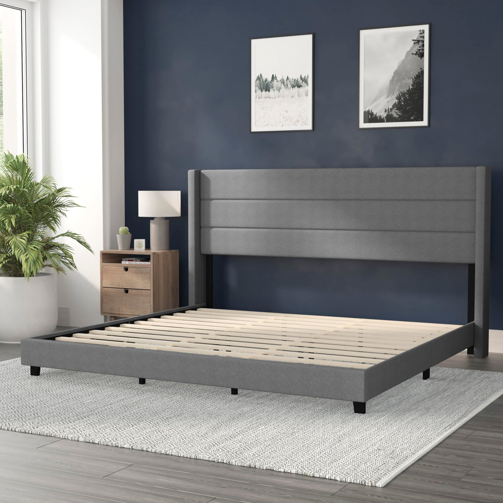 Flash Furniture Hollis Upholstered Platform Bed - Gray Faux Linen Wingback Headboard - King - Mattress Foundation with Slatted Supports - No Box Spring Needed