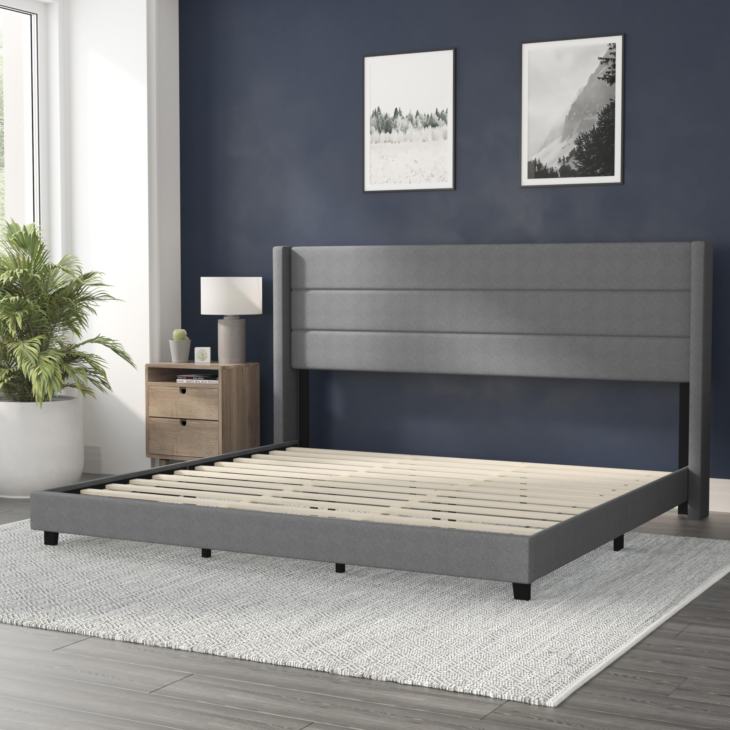 Flash Furniture Hollis Upholstered Platform Bed - Gray Faux Linen Wingback Headboard - King - Mattress Foundation with Slatted Supports - No Box Spring Needed
