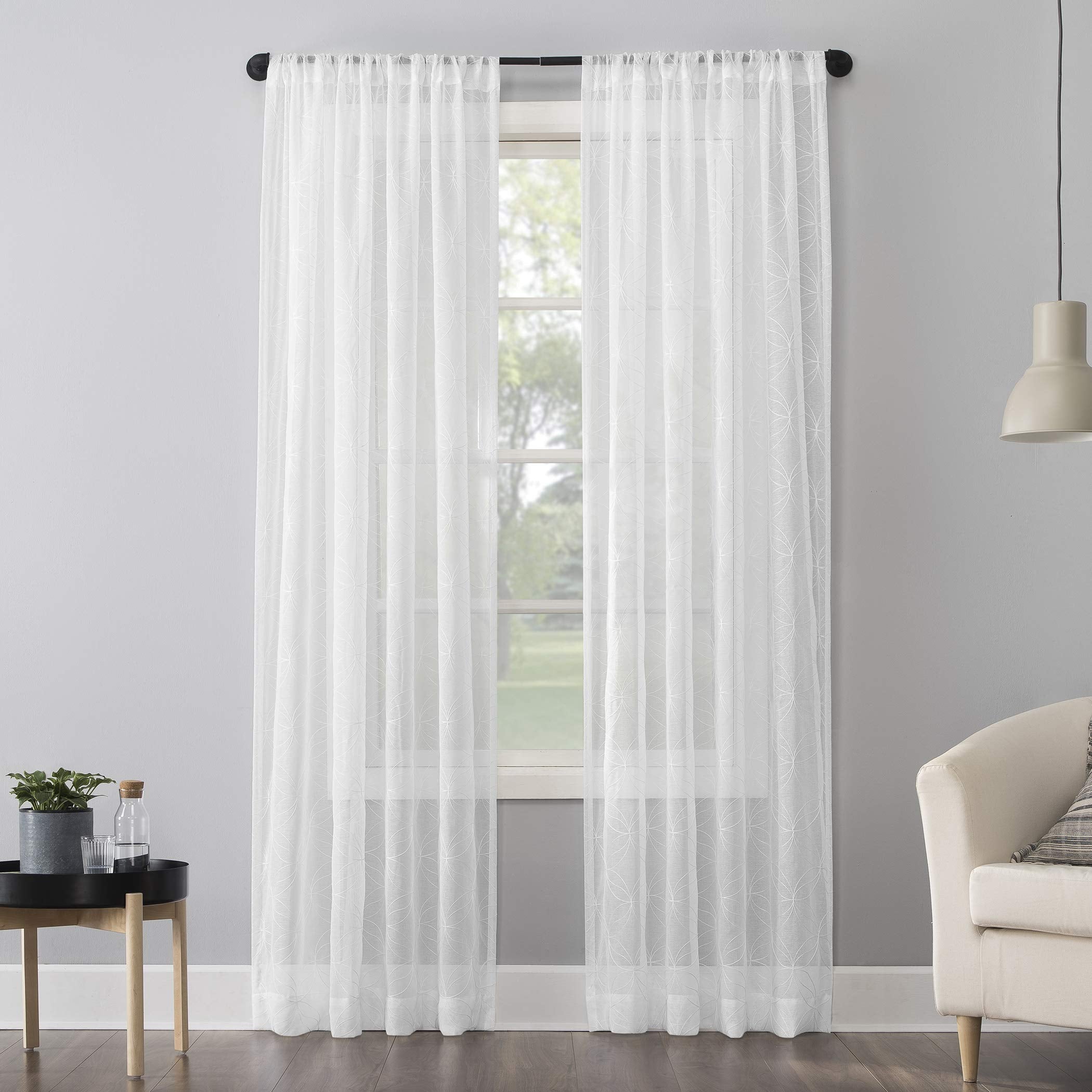 No. 918 Tamaryn Embroidered Trellis Sheer Rod Pocket Curtain Panel, 50 x 63, White