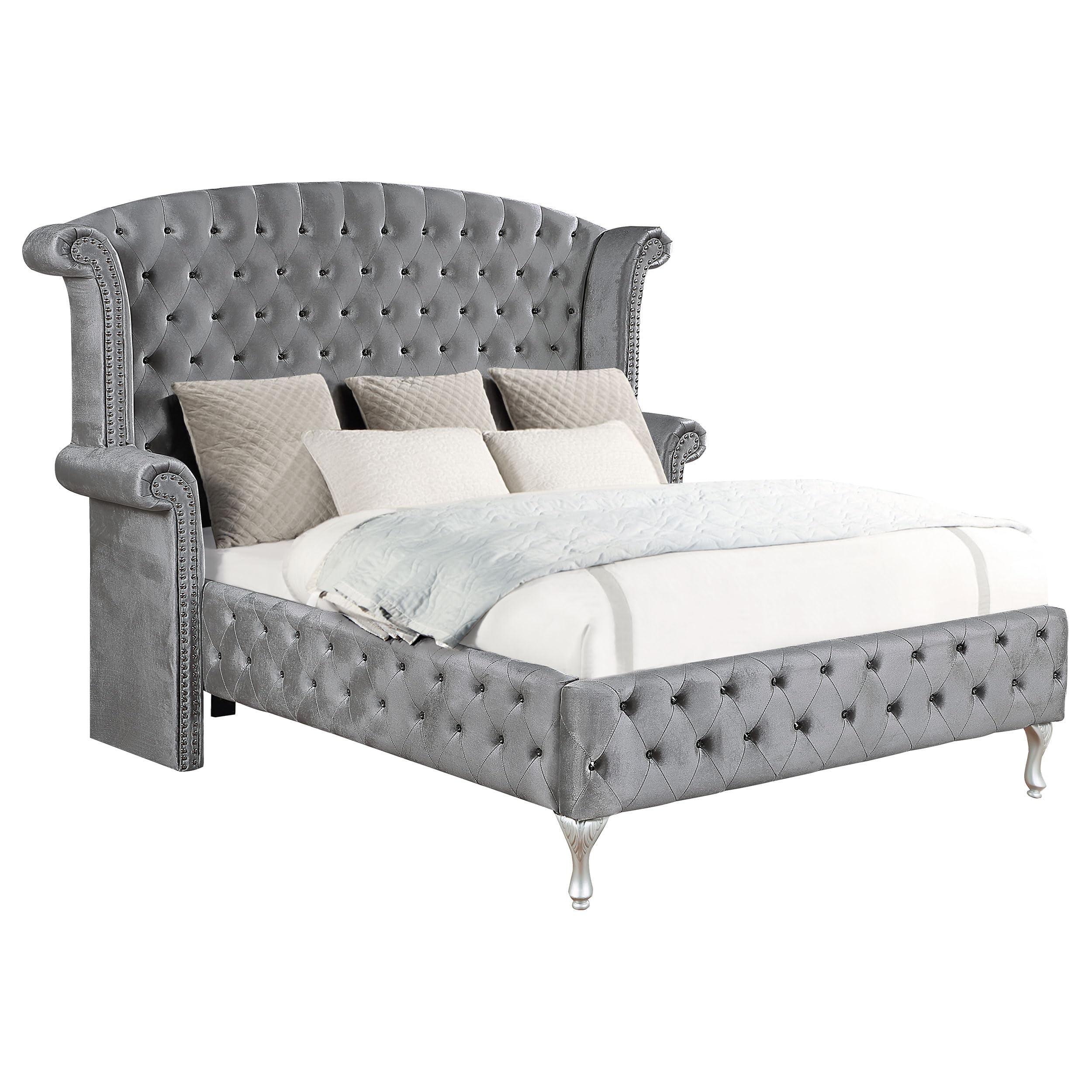 Coaster Home Furnishings Deanna Modern Classic Velvet Upholstered Queen Size Wingback Bed Frame Platform Bed 66-inch Headboard Grey 205101Q