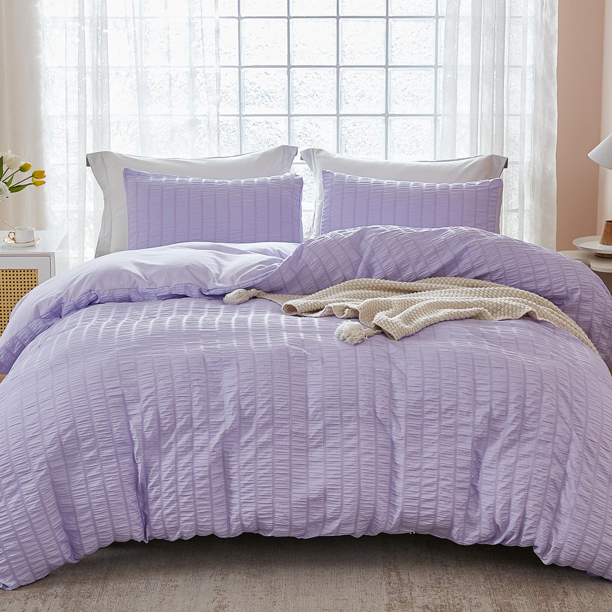 Avelom Lavender Purple Seersucker Duvet Cover Set King (104 X 90 Inches), 3 Pieces (1 Duvet Cover + 2 Pillow Cases), Ultra Soft Washed Microfiber, Textured Duvet Cover With Zipper Closure, Corner Ties