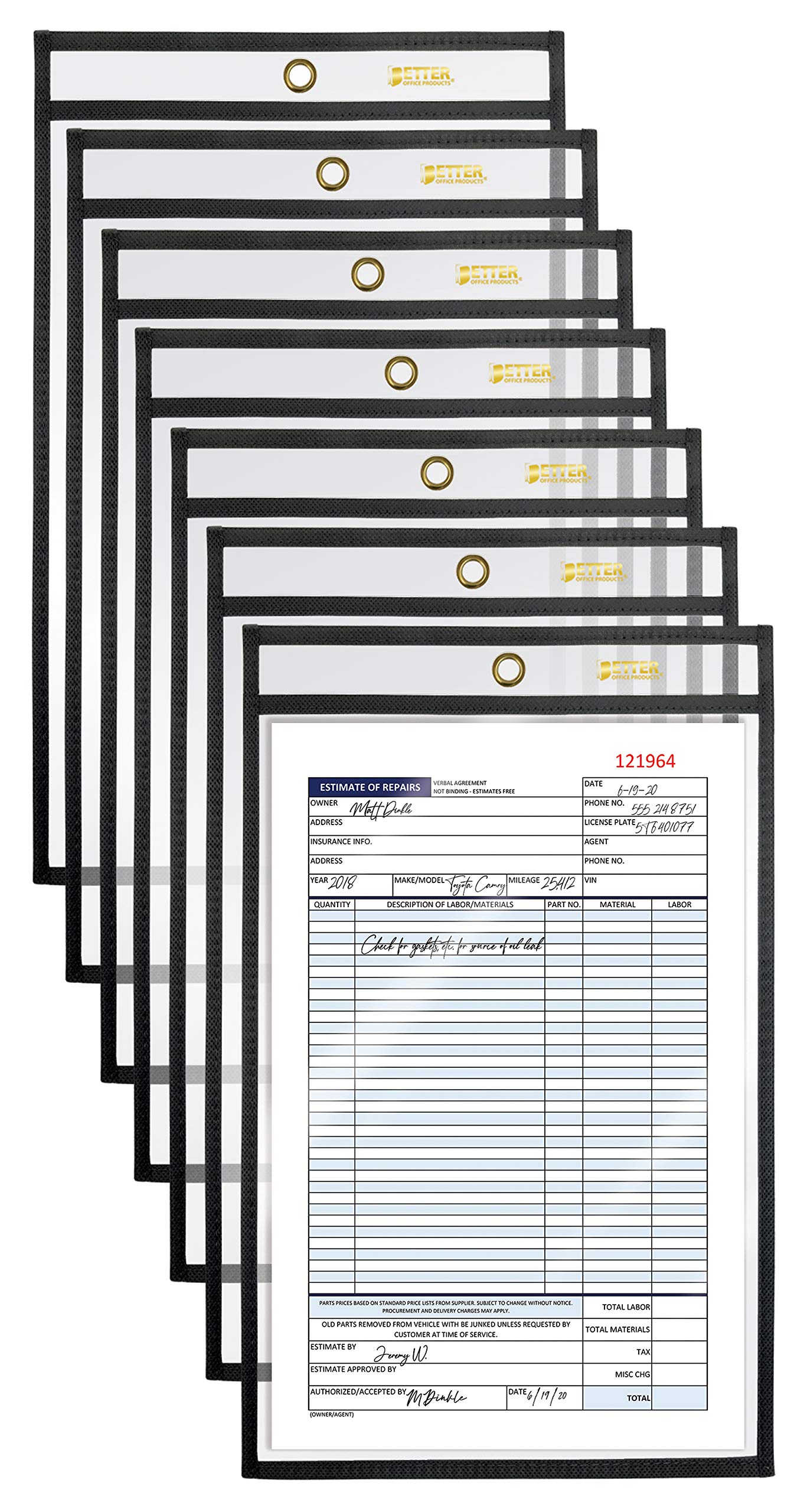 Better Office Products Shop Ticket Holders, 5 X 8 Inches, Both Sides Clear, Stitched Black Edge Trim, 25 Pack