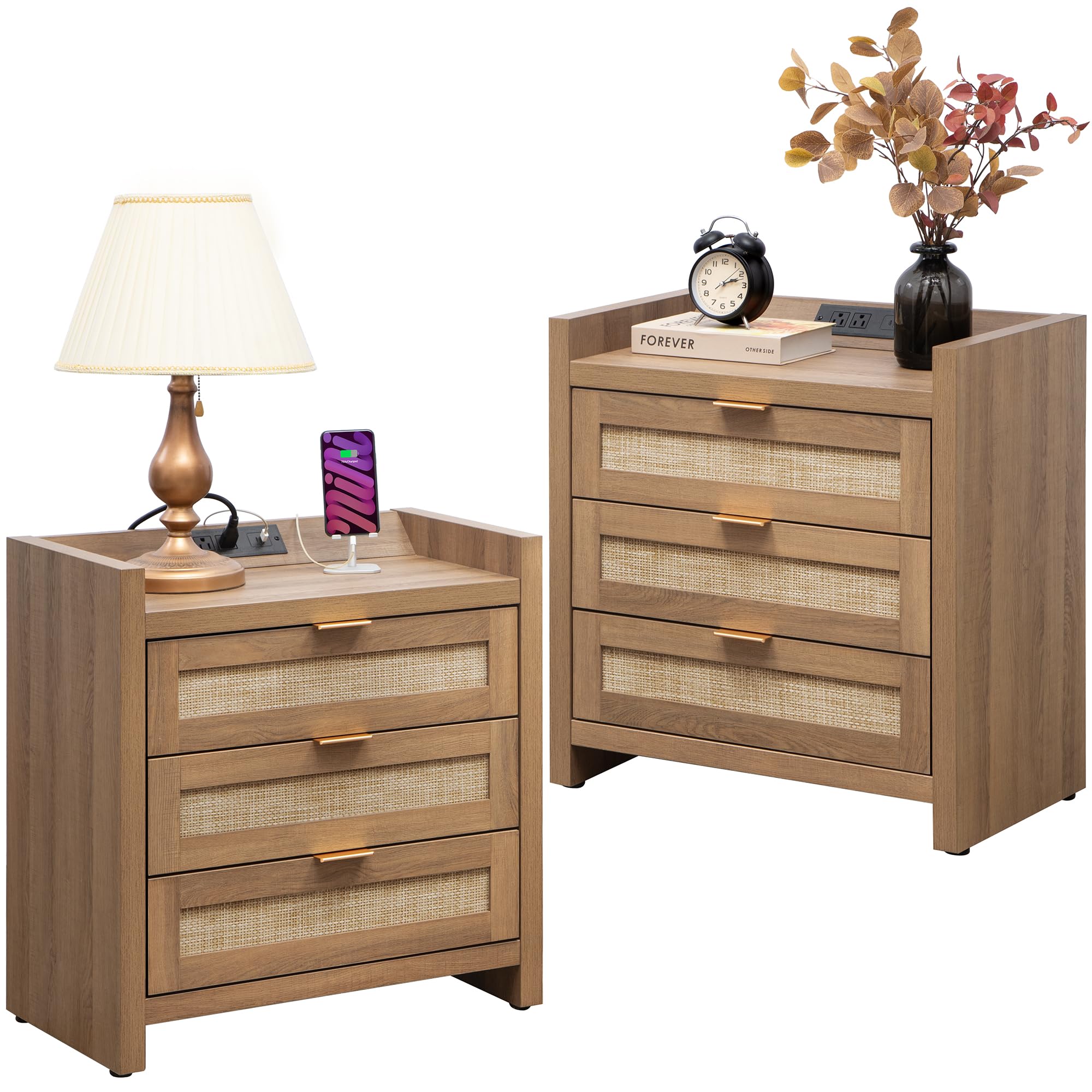SICOTAS Rattan Night Stand Set of 2 - Tall Nightstands with Type-C Charging Station, 3 Rattan Storage Drawers, Larger Wood Bedsi