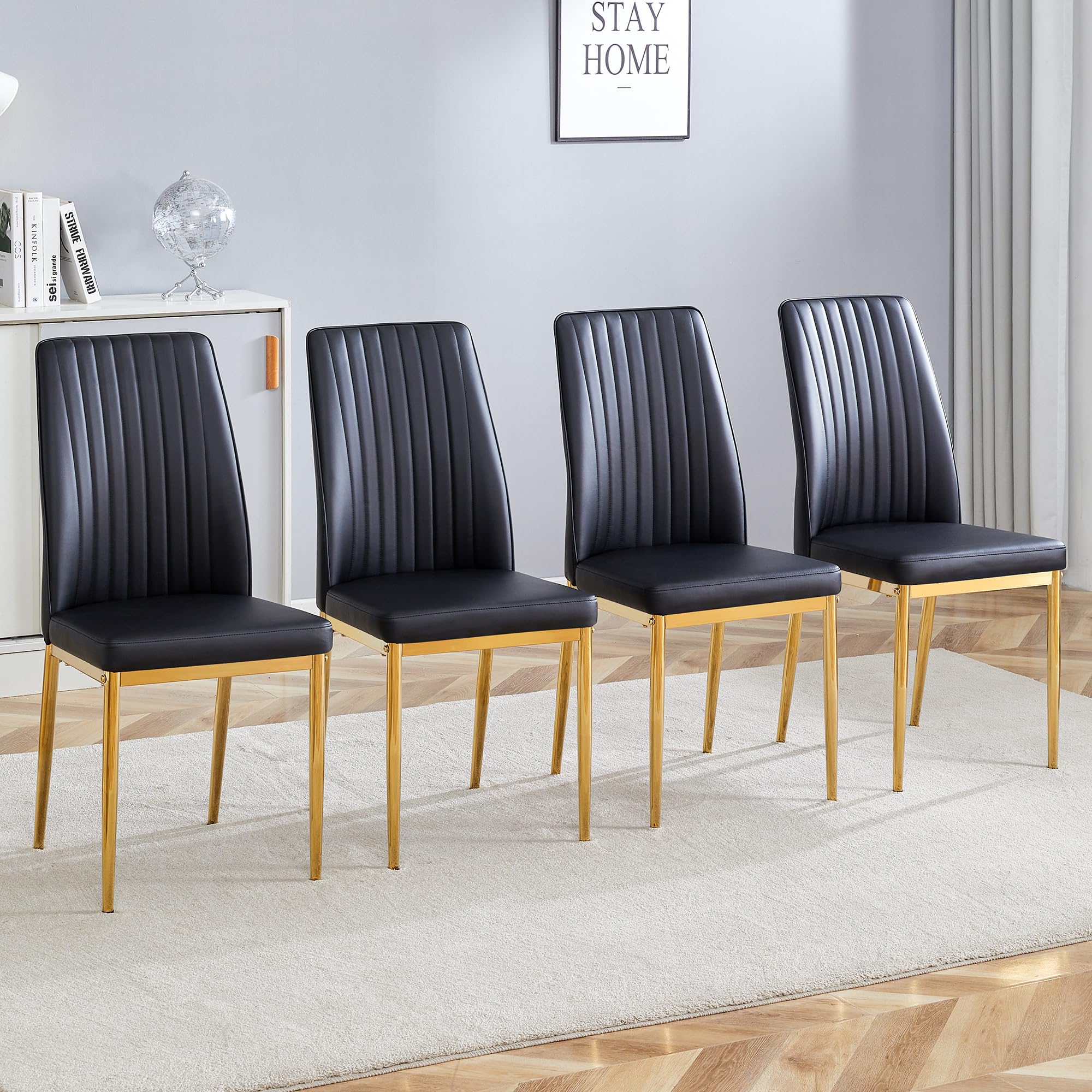 Rdueei Black Metal Chairs, Modern Dining Chair Set Of 4 With Pu Leather And Chrome Leg High Back Sillas Para Comedor For Dining