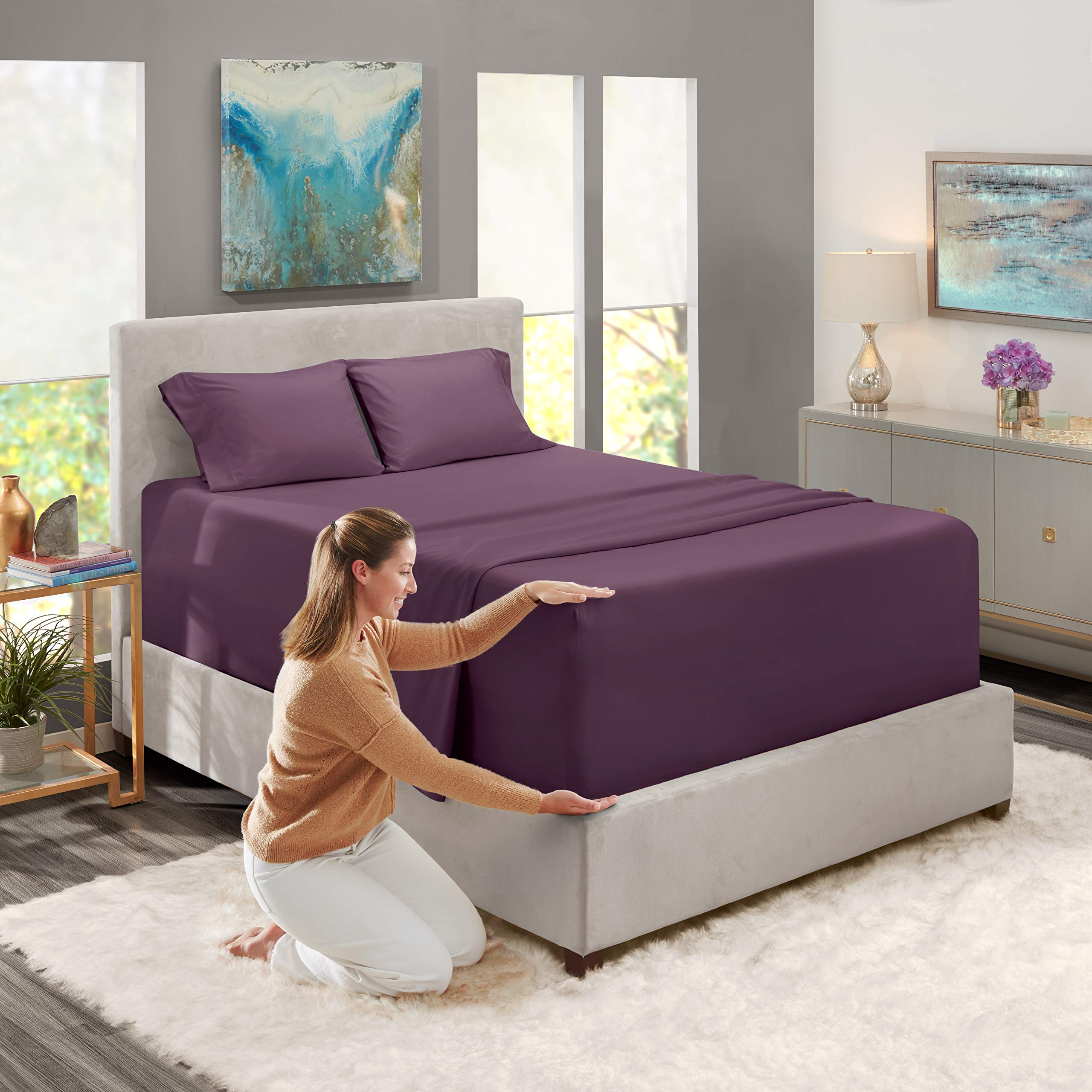 Nestl Extra Deep Pocket Sheets - Fits Mattress 18-24 Inches Deep, Extra Deep Pocket Twin Xl Sheets Sets, 4 Piece Twin Xl Size Sheets, Twin Xl Sheets Deep Pocket, Purple Eggplant Sheets