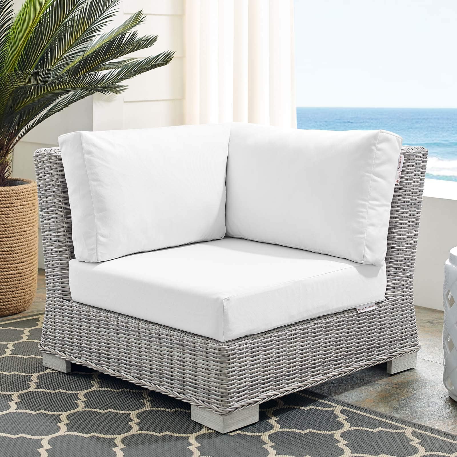 Modway Conway Sunbrella Outdoor Patio Wicker Rattan, Corner Chair, Light Gray White
