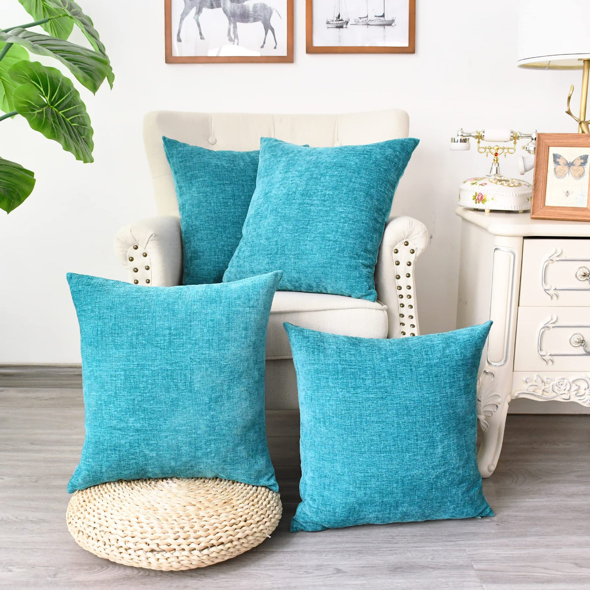 Calitime Pack Of 4 Cozy Throw Pillow Covers Cases For Couch Sofa Home Decoration Solid Dyed Soft Chenille 18 X 18 Inches Lake Bl