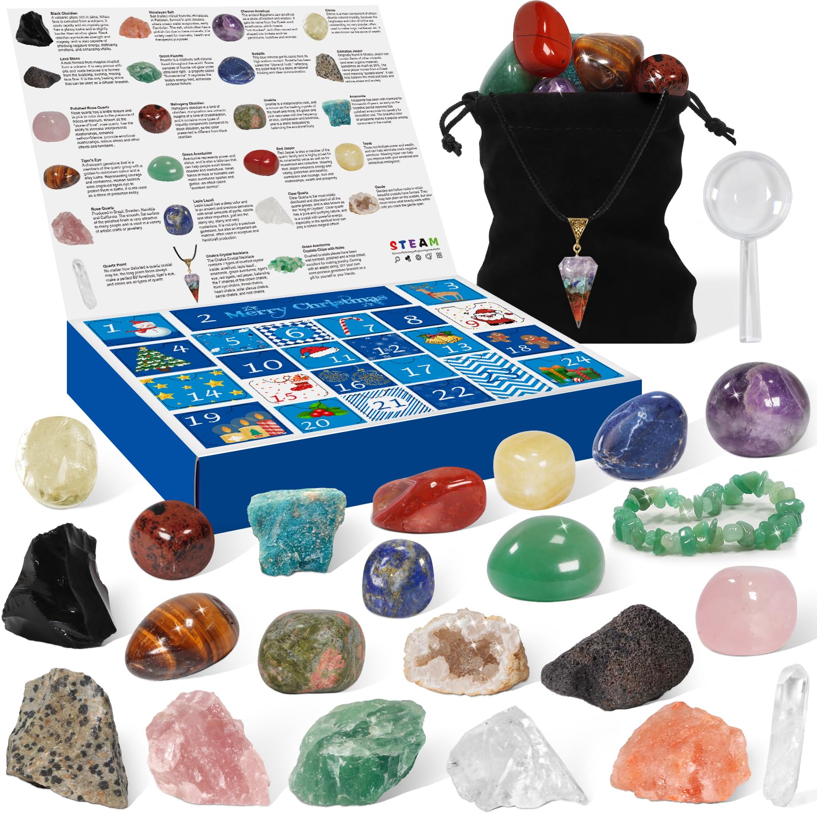 Pukamam Crystal Advent Calendar 2024 Rock Minerals & Fossils Collection 24 Day Christmas Countdown Calendars for Kids Adult