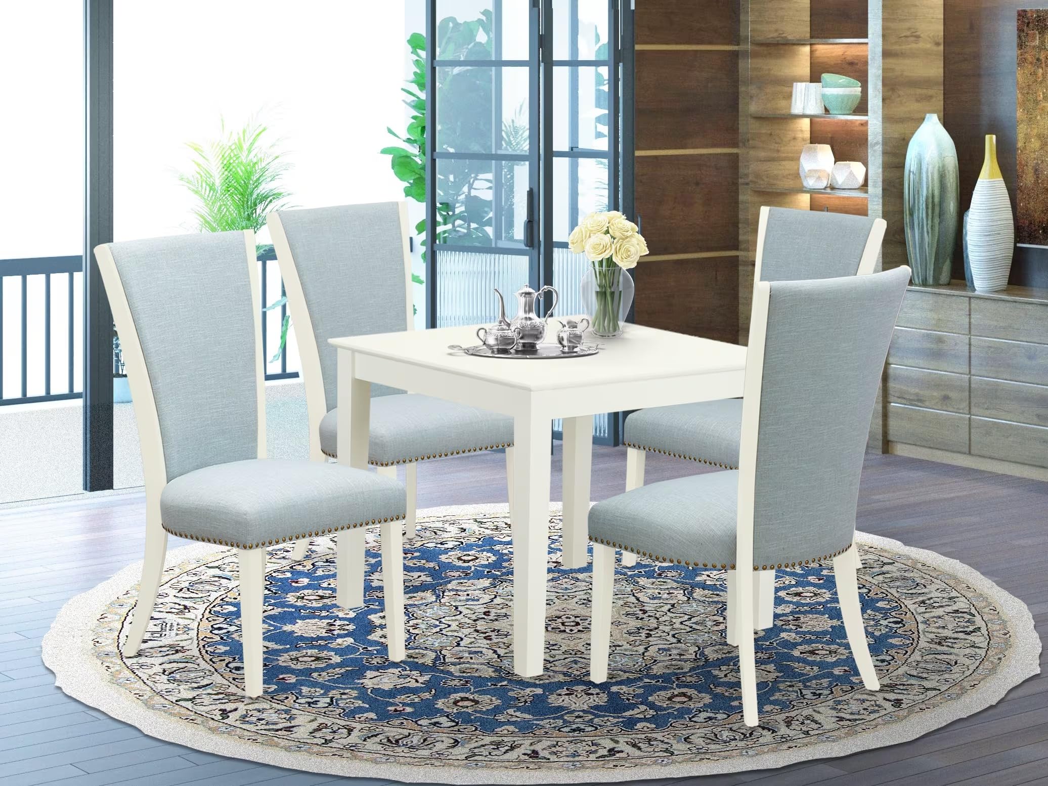 East West Furniture Oxve5-Lwh-15 5 Piece Kitchen Table Set For 4 Includes A Square Dining Room Table And 4 Baby Blue Linen Fabric Parson Dining Chairs, 36X36 Inch, Linen White