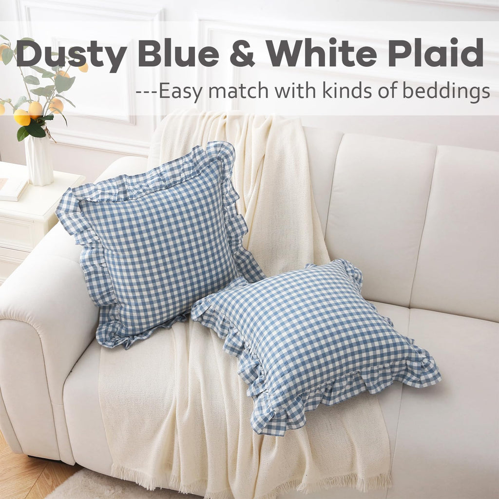 K Masaniji 2 Pack Dust Blue White Plaid Ruffle Throw Pillow Covers 18X18 Inches, 100% Washed Cotton Gingham Buffalo Checkered Fa