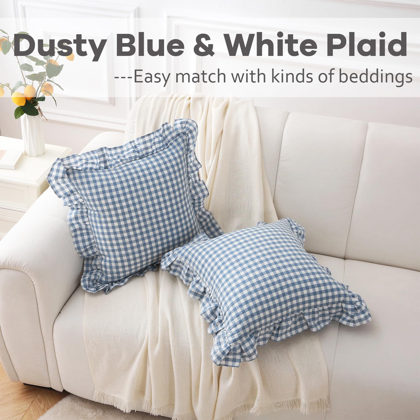 K Masaniji 2 Pack Dust Blue White Plaid Ruffle Throw Pillow Covers 18X18 Inches, 100% Washed Cotton Gingham Buffalo Checkered Fa