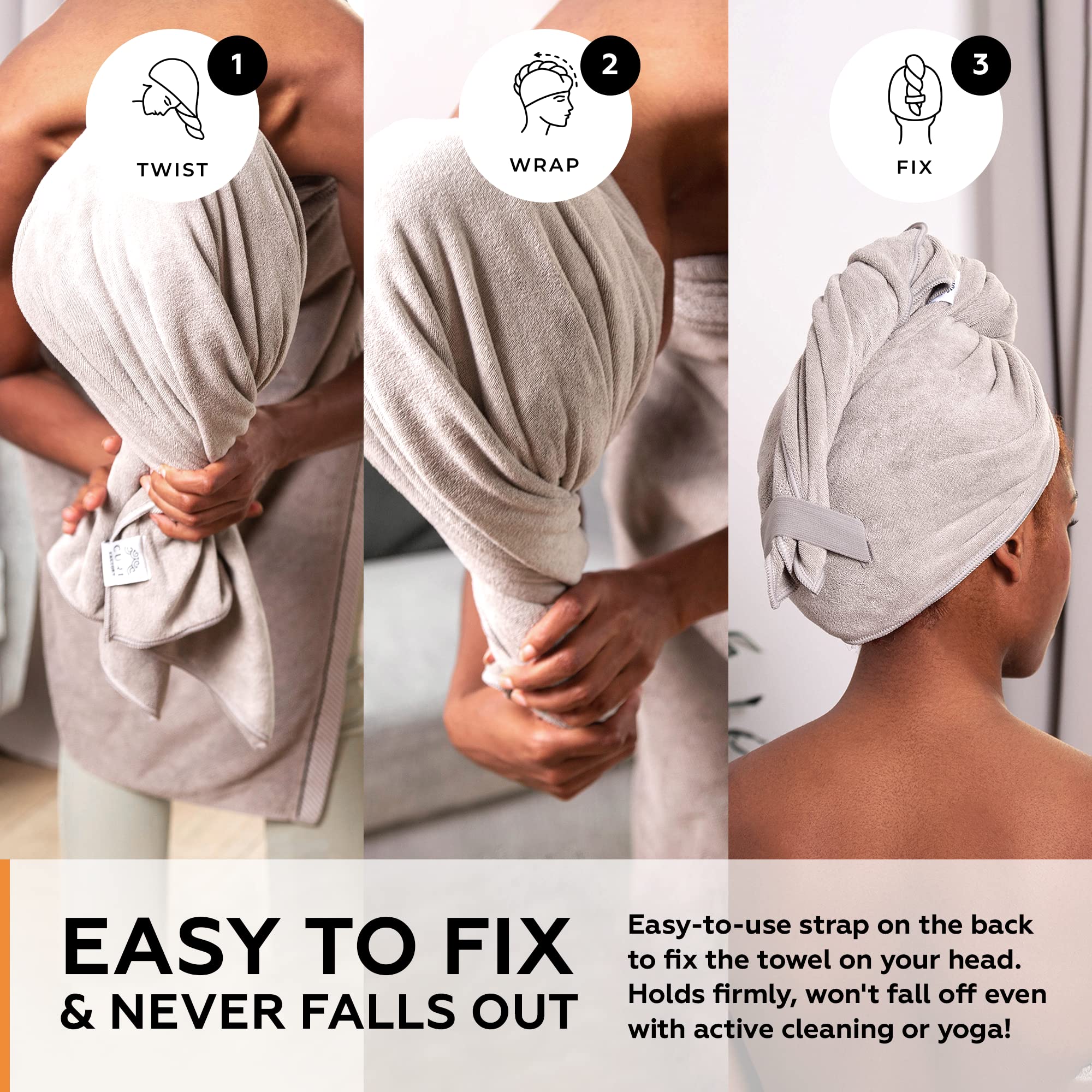 Super Absorbent Quick Dry No-Frizz Soft Microfiber Hair Towel Wrap For Curly, Coily Or Tight Hair With Robust Elastic Strap For