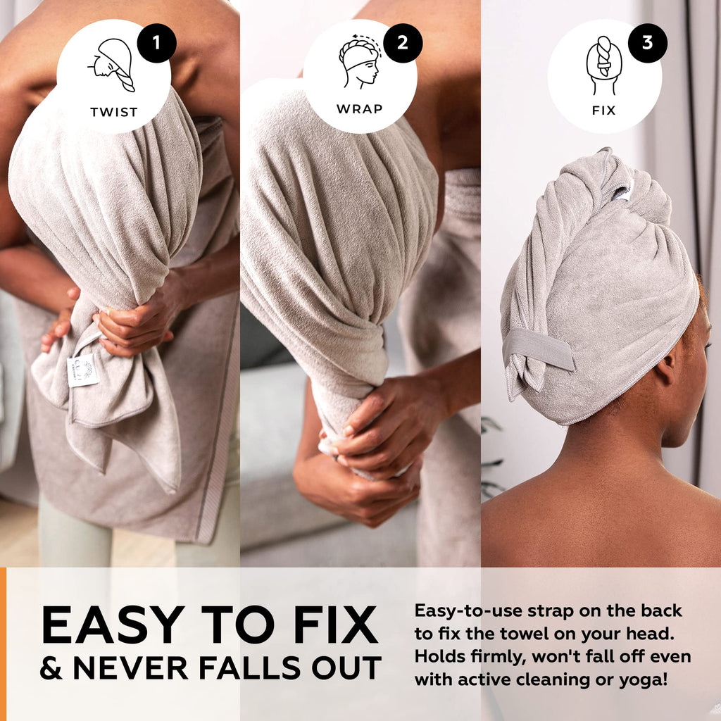 Super Absorbent Quick Dry No-Frizz Soft Microfiber Hair Towel Wrap For Curly, Coily Or Tight Hair With Robust Elastic Strap For