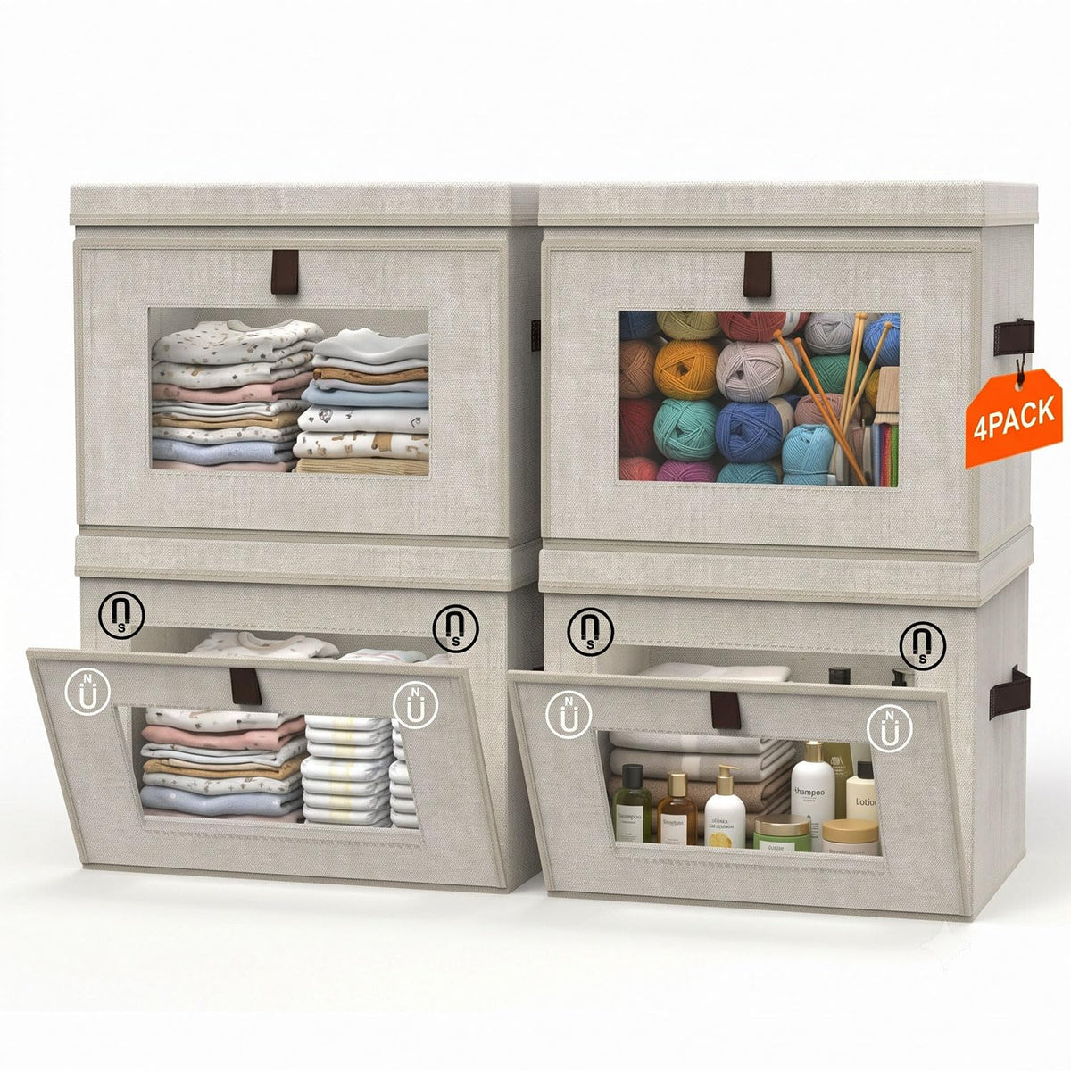 4 Pack Foldable Storage Bins with Lids, 15x10x10 Magnetic Front Open Closet Organizers, Stackable Fabric Cube Boxes for Baby Clo