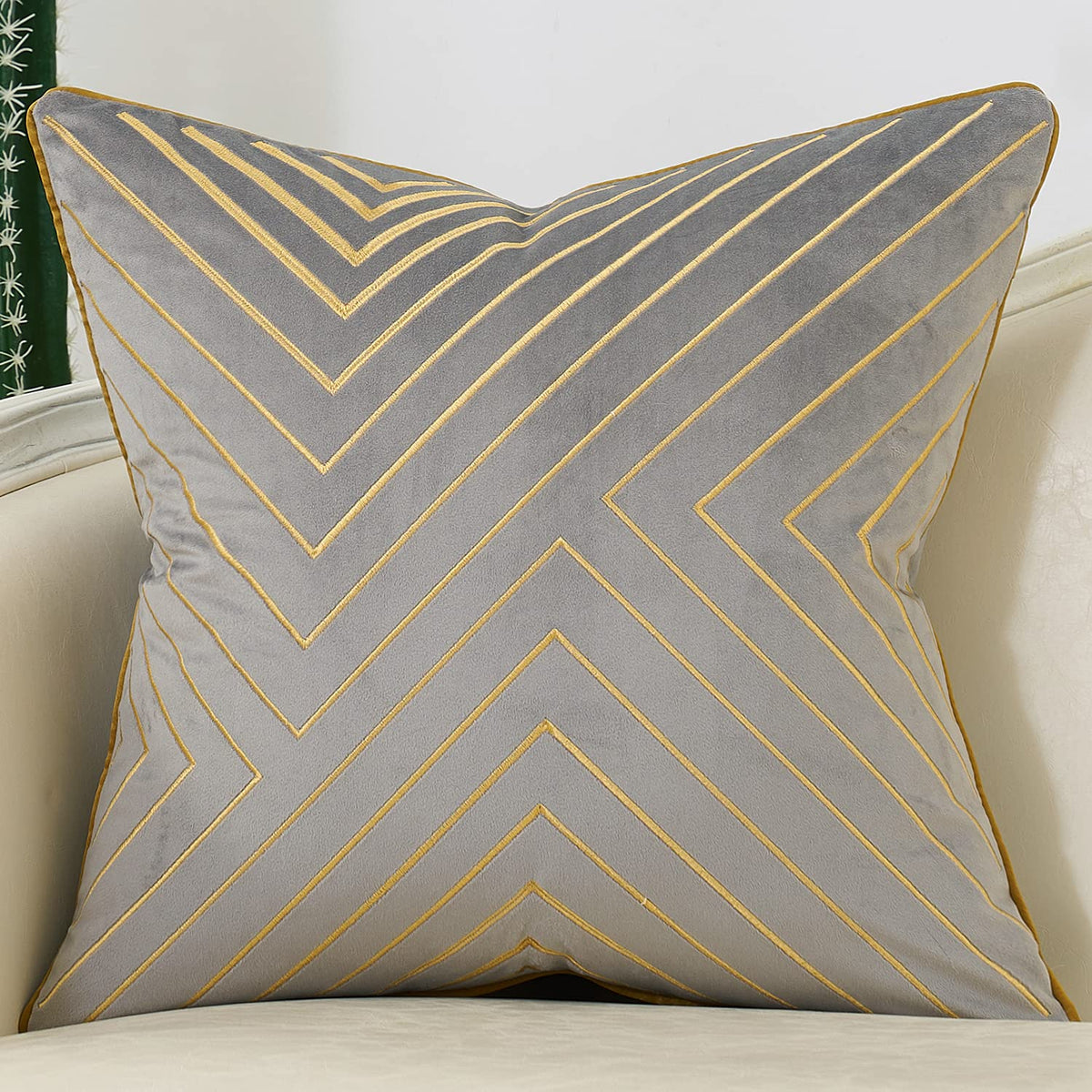Avigers 18 X 18 Inch Grey Gold Striped Geometric Lines Embroidery Velvet Cushion Case Luxury Modern Throw Pillow Cover Decorativ