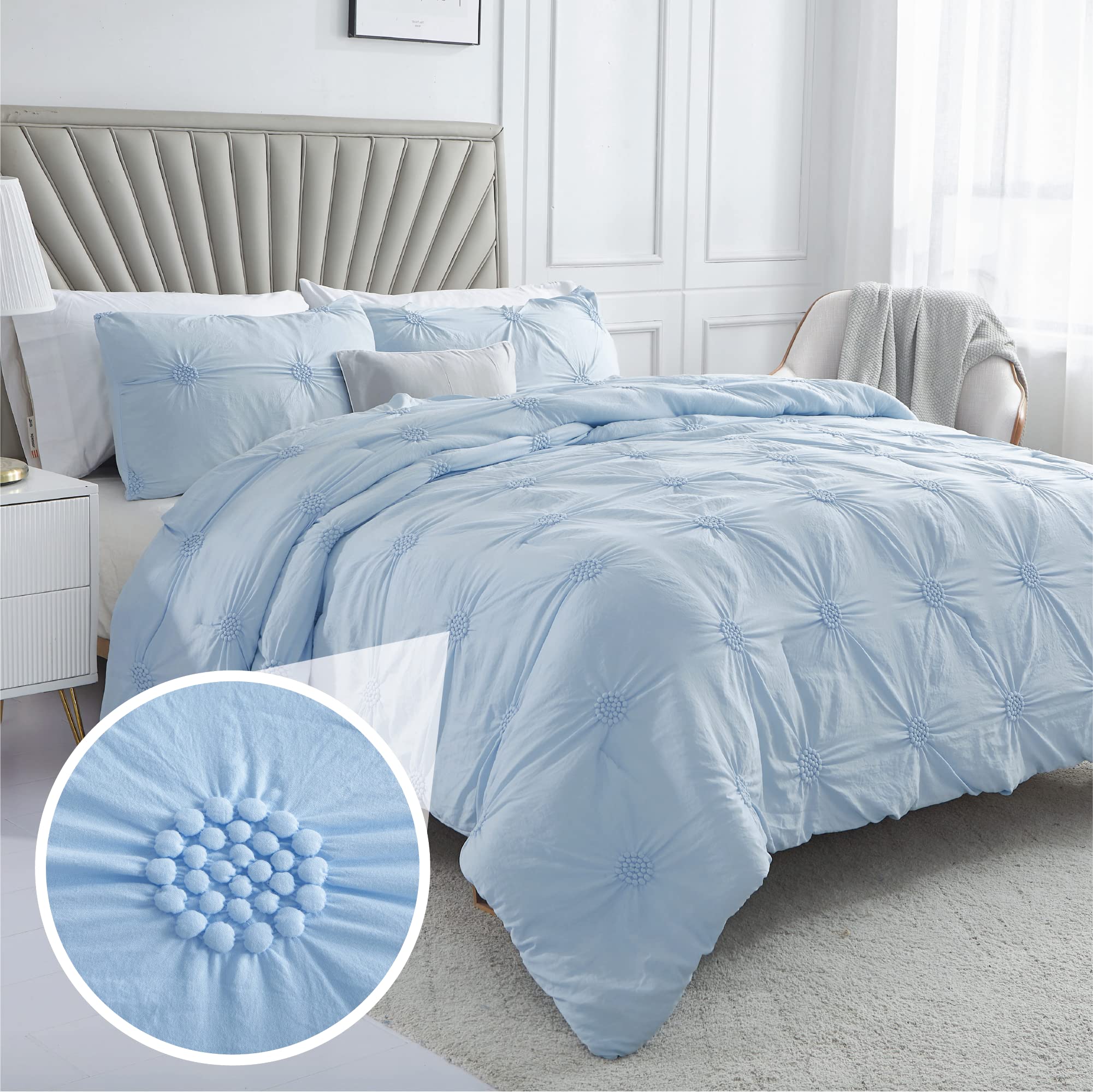 Swift Home King Cal King Baby Blue 3-Piece Down Alternative Comforter Set Bedding Ruched 3D Floral Pintuck All-Season, Machine W