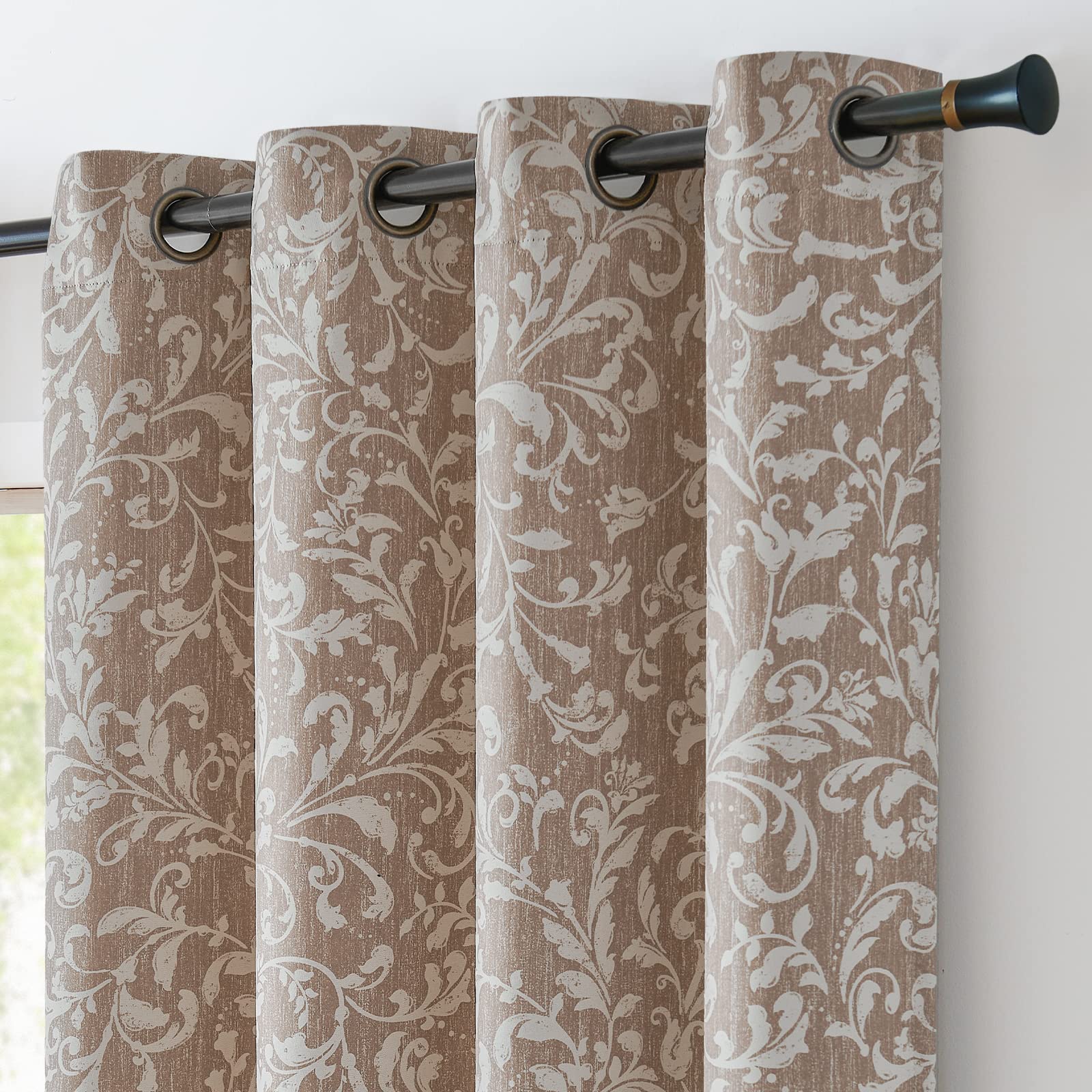 Jinchan 80% Blackout Curtains For Living Room, Farmhouse Taupe Drapes With Scroll Floral Patterned For Bedroom, Grommet Top Ther