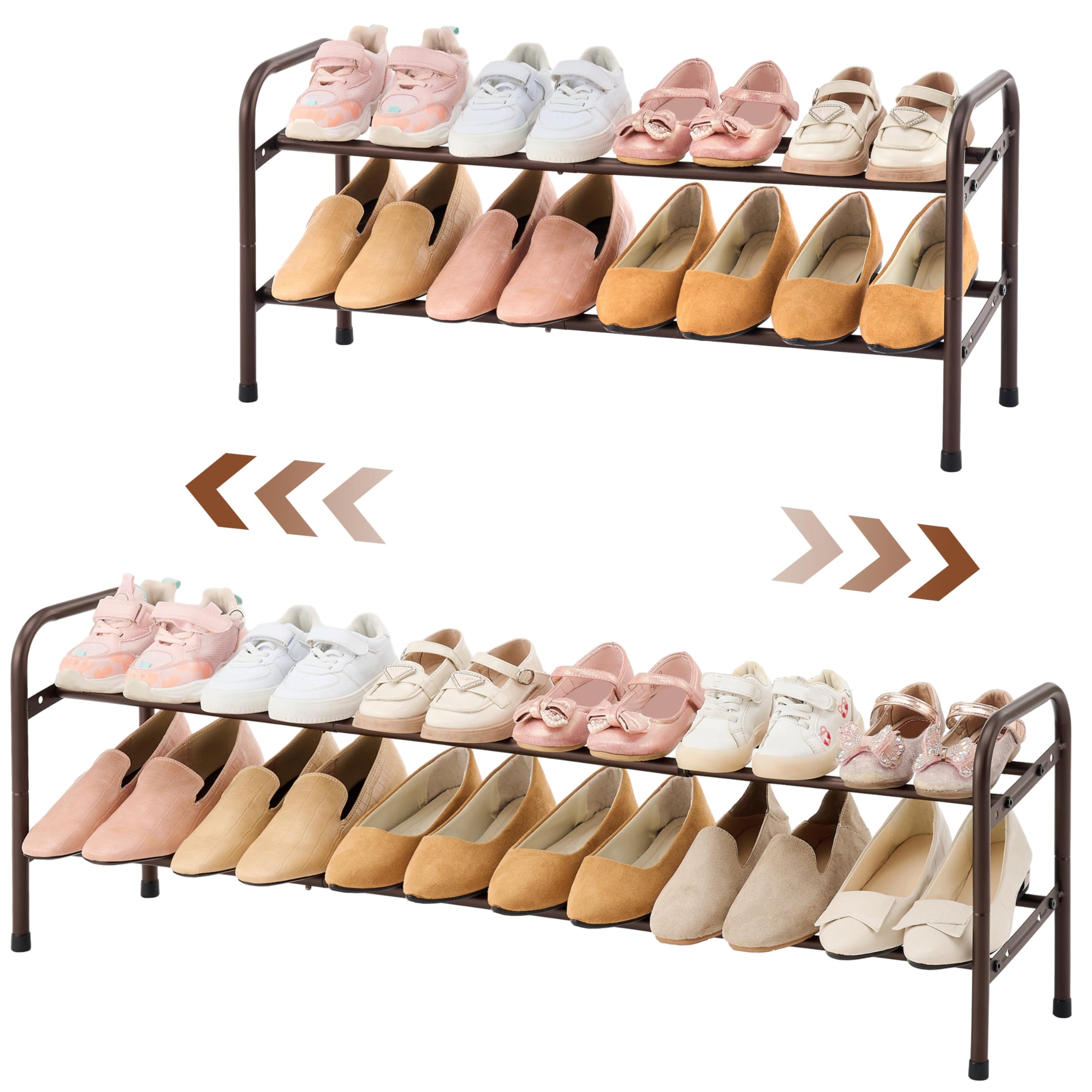 Gewudraw 2-Tier Shoe Rack Expandable, Width Adjustable Shoe Shelf Storage Organizer, 41.53'' Metal Standing Shoe Rack For Bedroom Entryway Closet, Holds Up To 12 Pairs Shoes, Brown