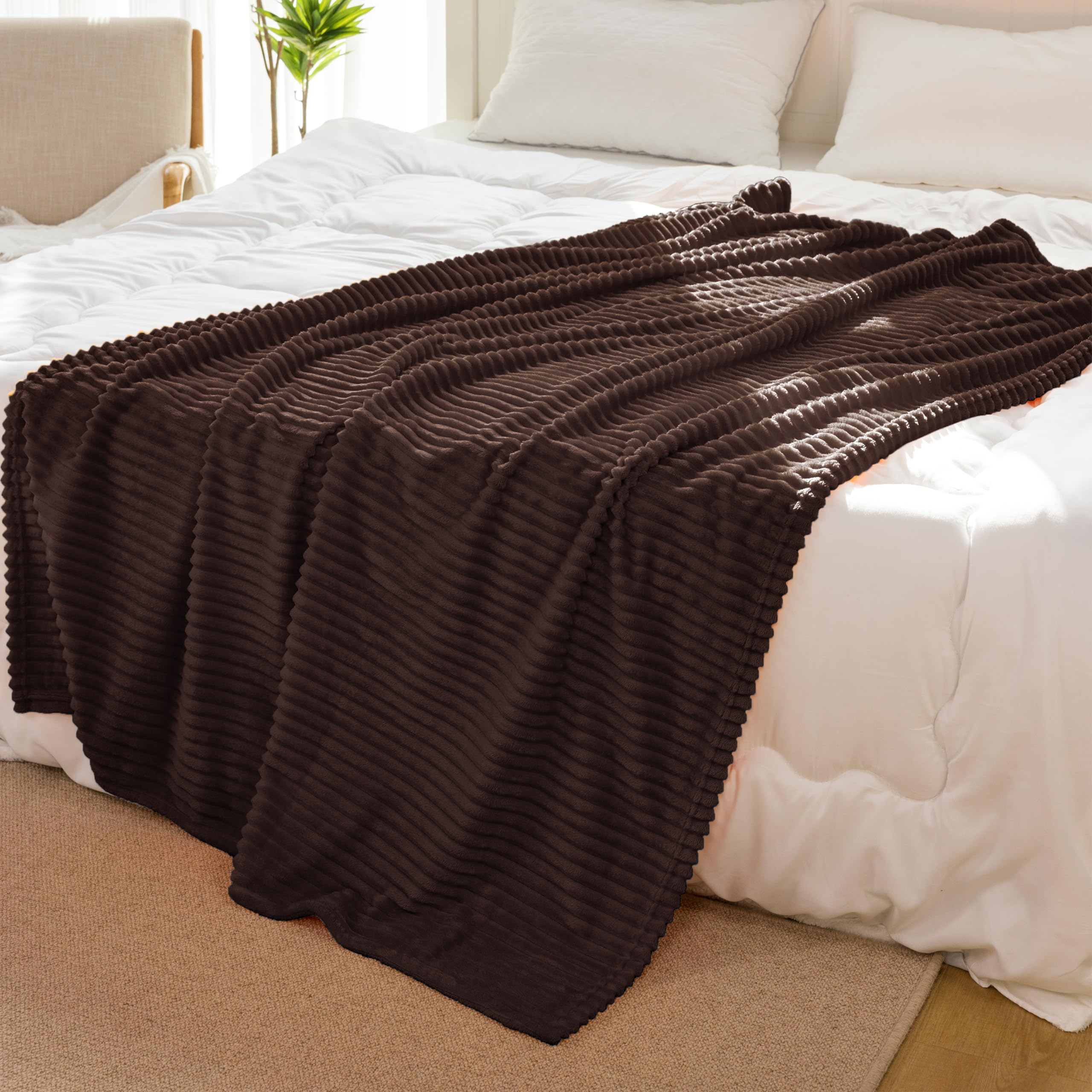 Vessia Flannel Fleece Queen Size Blanket(90X90Inch), 300Gsm Cozy Brown Stripe Bed Blanket For Couch, Sofa And Bed, Warm And Soft