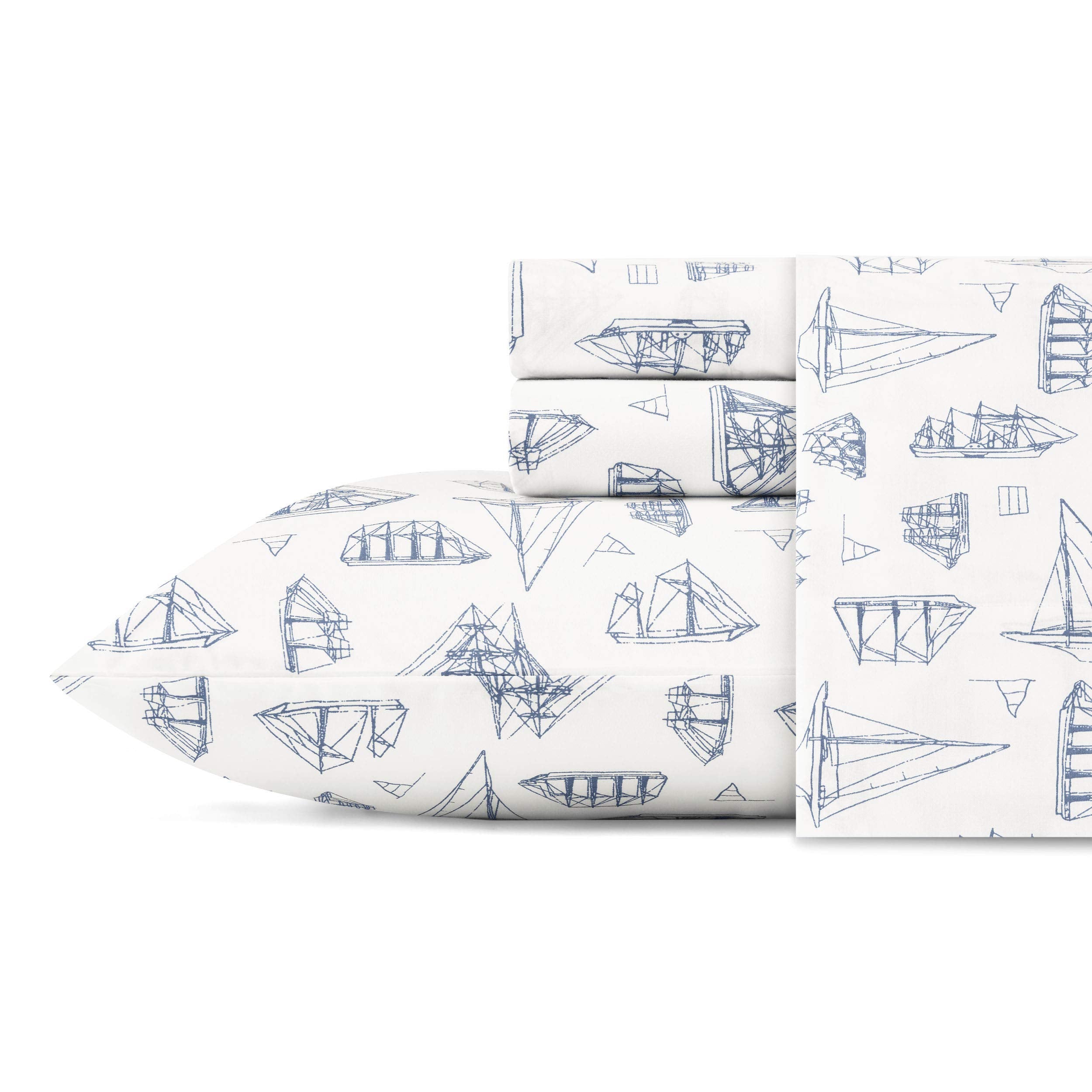 Nautica - Twin Sheets, Cotton Percale Bedding Set, Coastal Home Decor, Dorm Room Essentials (Whitewood Sail Blue, Twin)