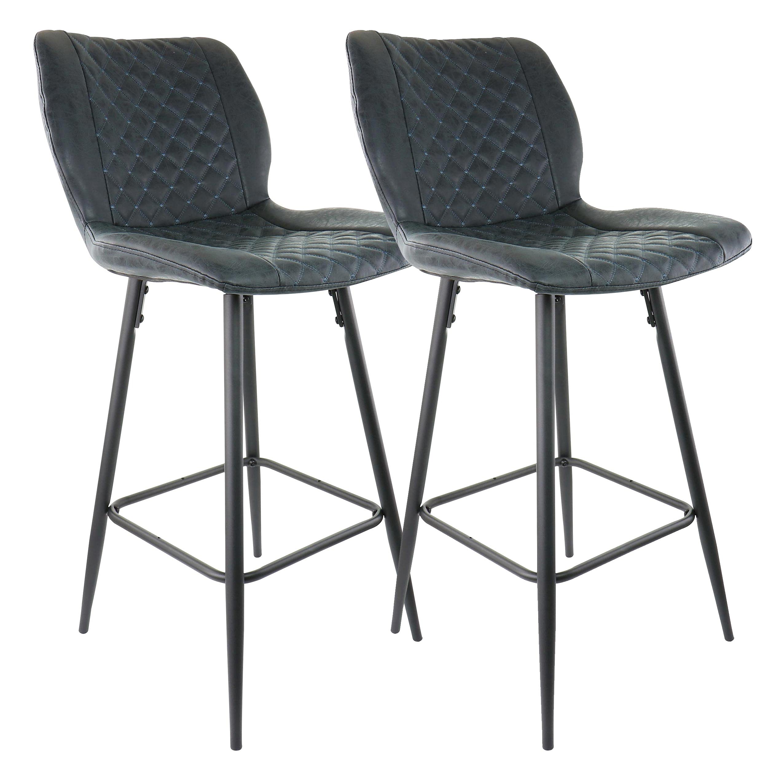 Elama 2 Piece Diamond Stitched Faux Leather Bar Chair In Black With Metal Legs