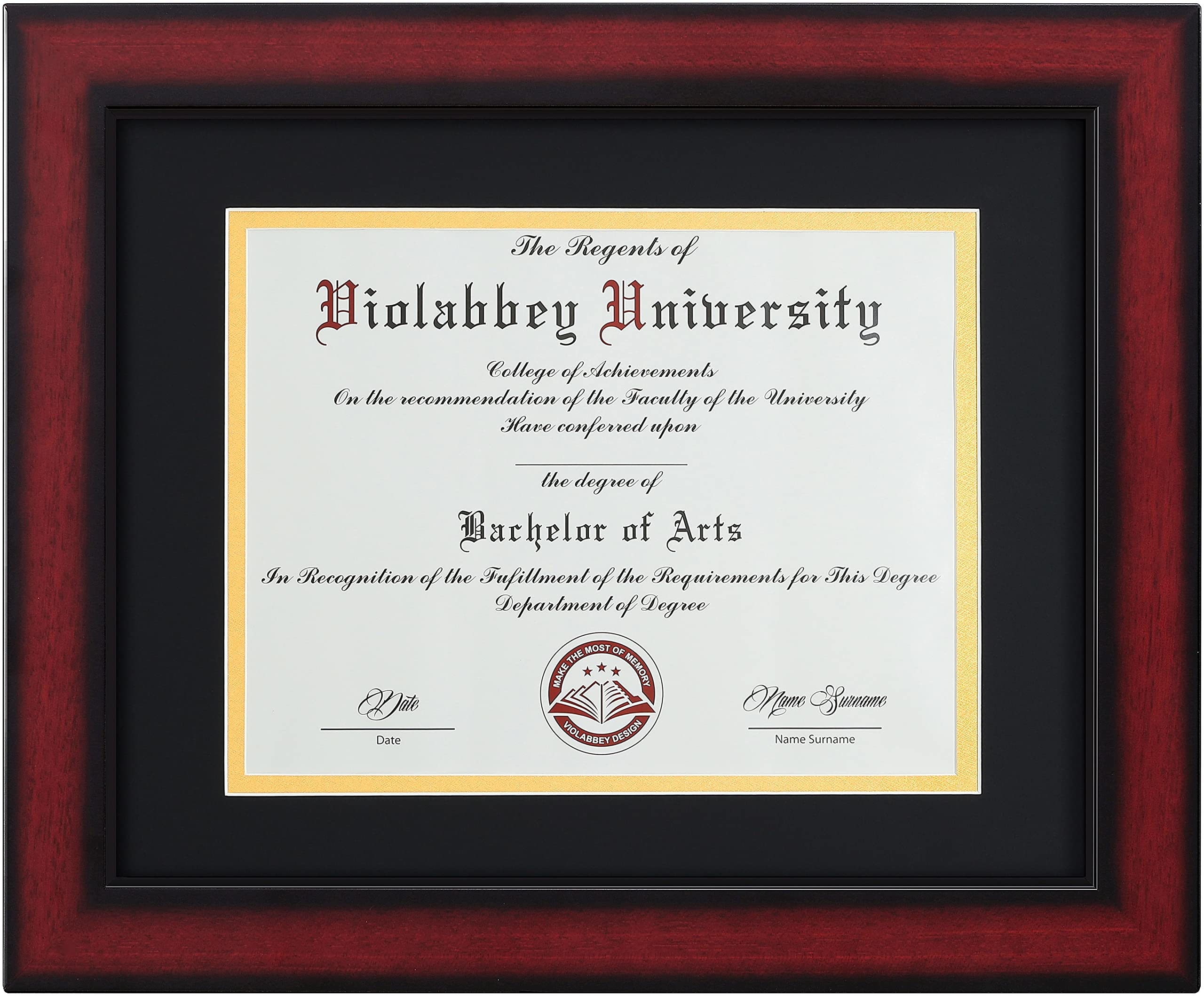 VIOLABBEY Diploma Frame 11x14 Degree&Document with Black Gold Double Mat or 15x18 Picture without Mat, Smooth Cherry Wood Grain 