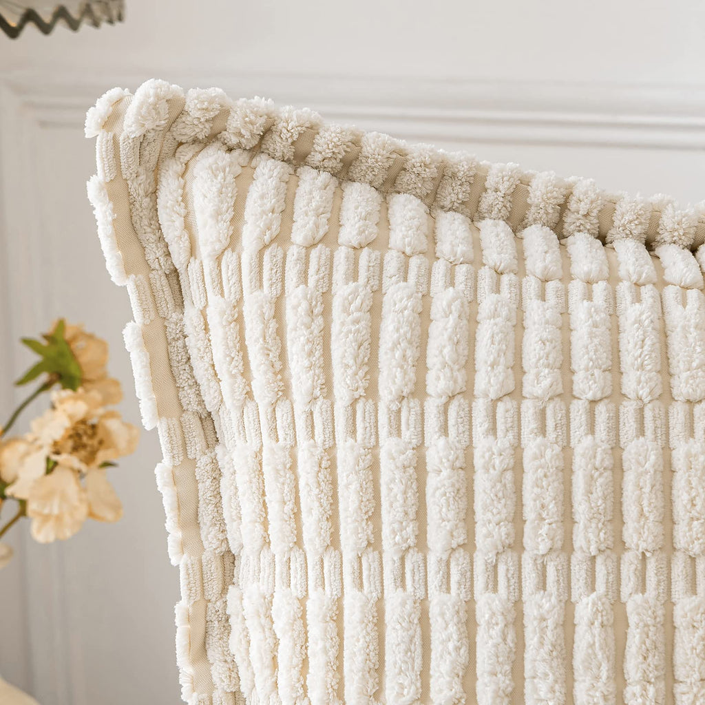 Miulee Cream White Corduroy Decorative Throw Pillow Covers Pack Of 2 Soft Striped Pillows Pillowcases With Broad Edge Modern Christmas Winter Cute Boho Home Decor For Couch Sofa Bed 18X18 Inch