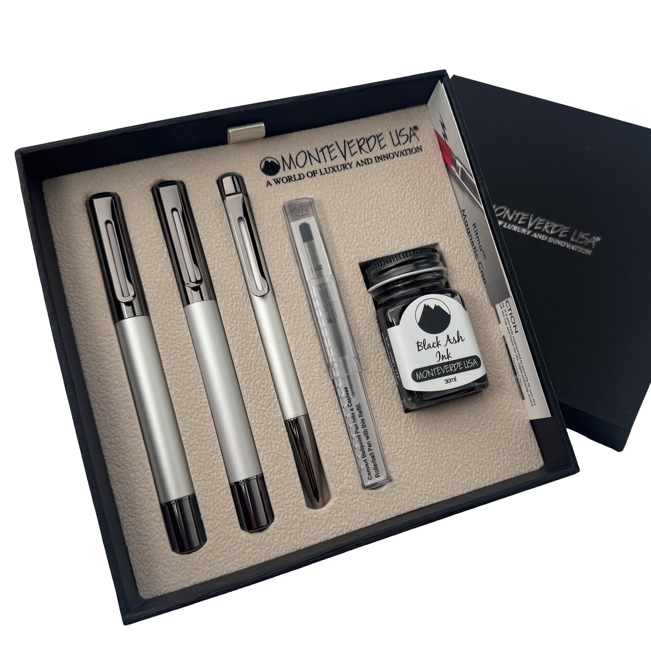 Monteverde Ritma 3+2 Piece Gift Set, Silver - Includes Broad Nib Fountain Pen, Rollerball, Ballpoint, 30Ml Ink & Refill - Premiu