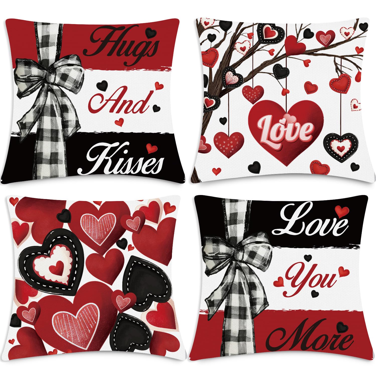 InIsaJace Valentine Throw Pillow Covers 18x18, 4PCS Valentines Day Hugs and Kisses Pillow Covers Decorations, Aesthetic Hearts a